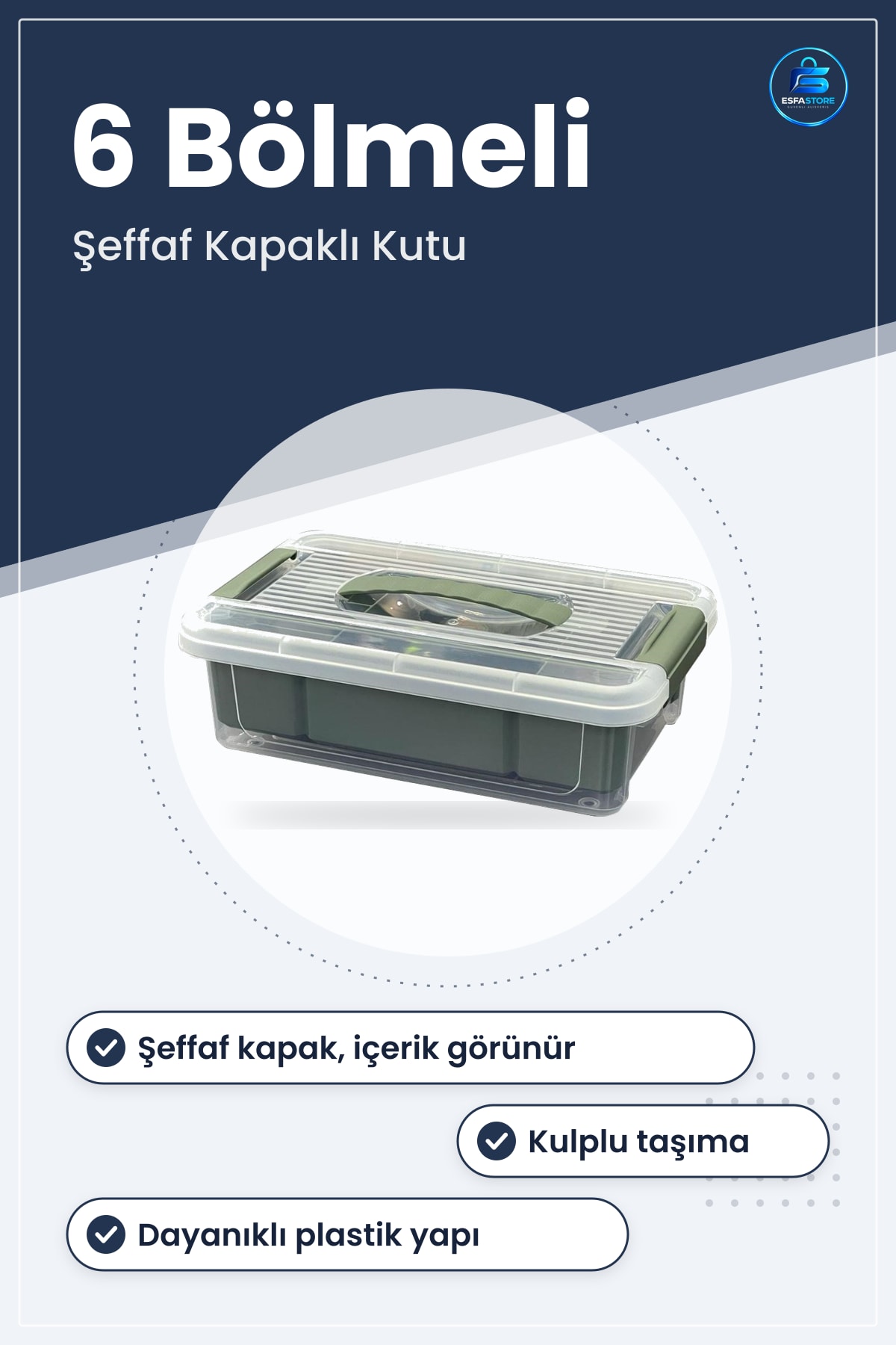 Saklama Kutusu 6 Bölmeli 3 Litre Plastik Kapaklı Kulplu Organizer Şeffaf Kapak Dayanıklı
