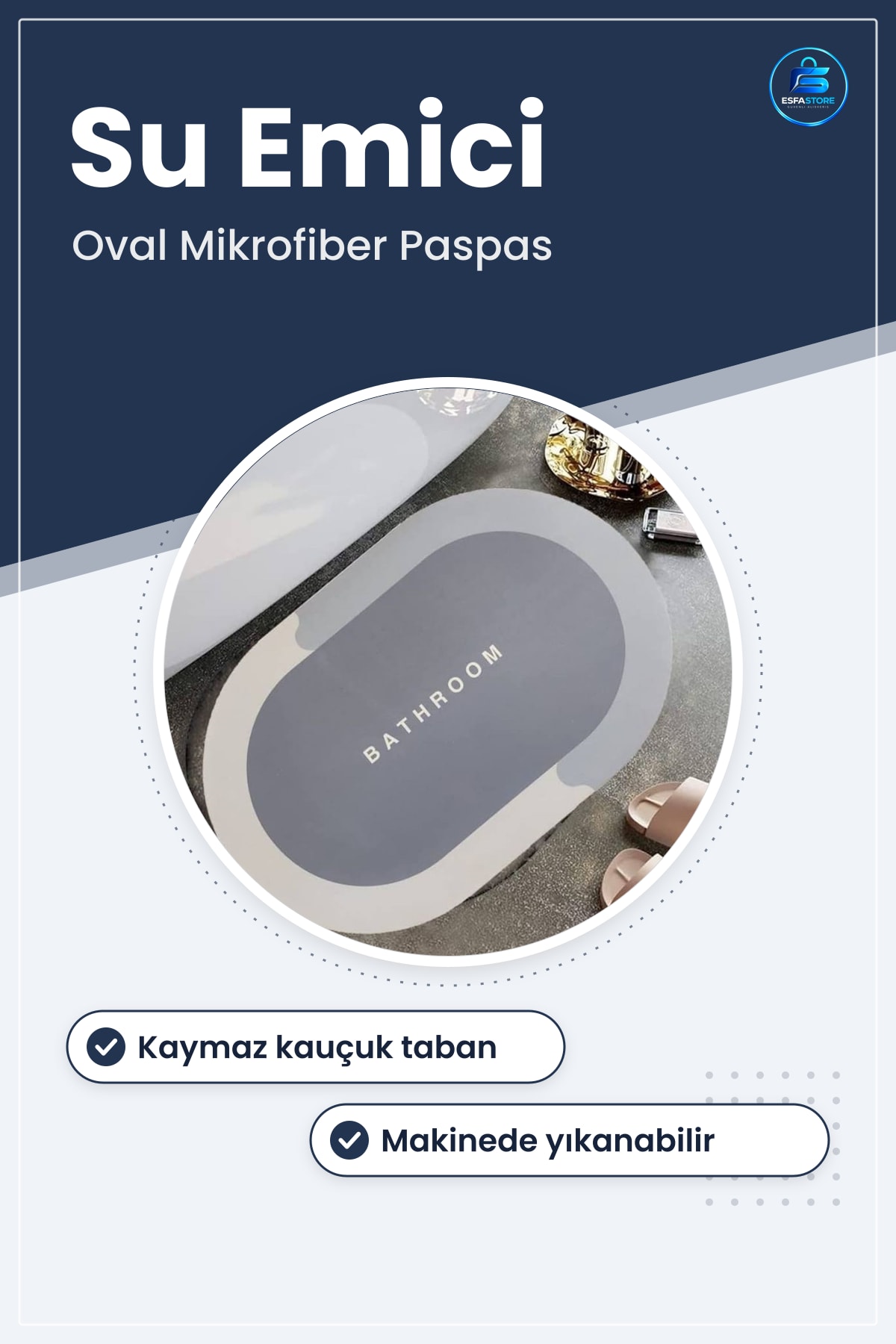 Kaymaz Tabanlı Hızlı Su Emici Mikrofiber Oval Banyo Paspası Hijyenik Makinede Yıkanabilir Modern