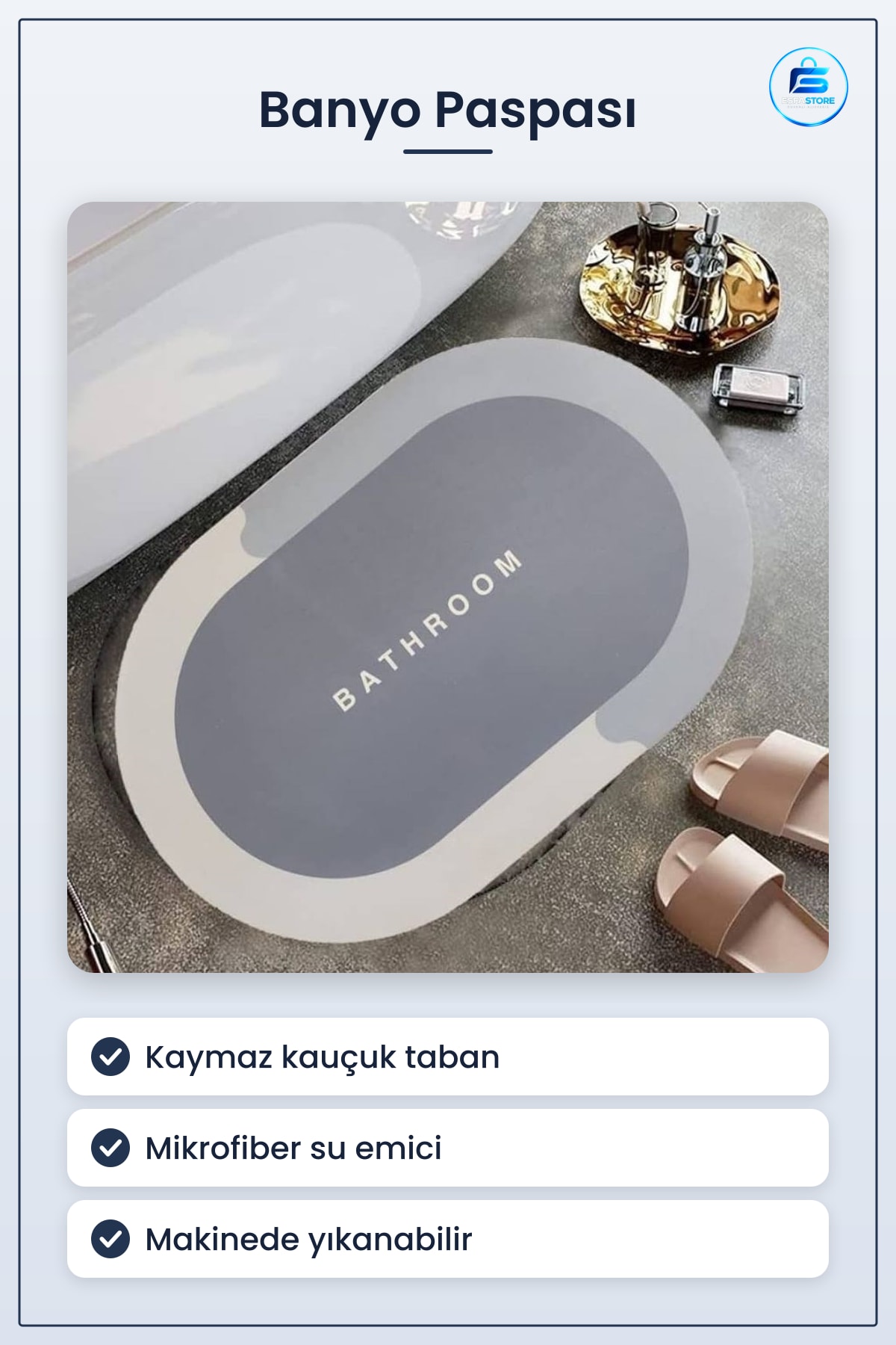 Kaymaz Tabanlı Hızlı Su Emici Mikrofiber Oval Banyo Paspası Hijyenik Makinede Yıkanabilir Modern