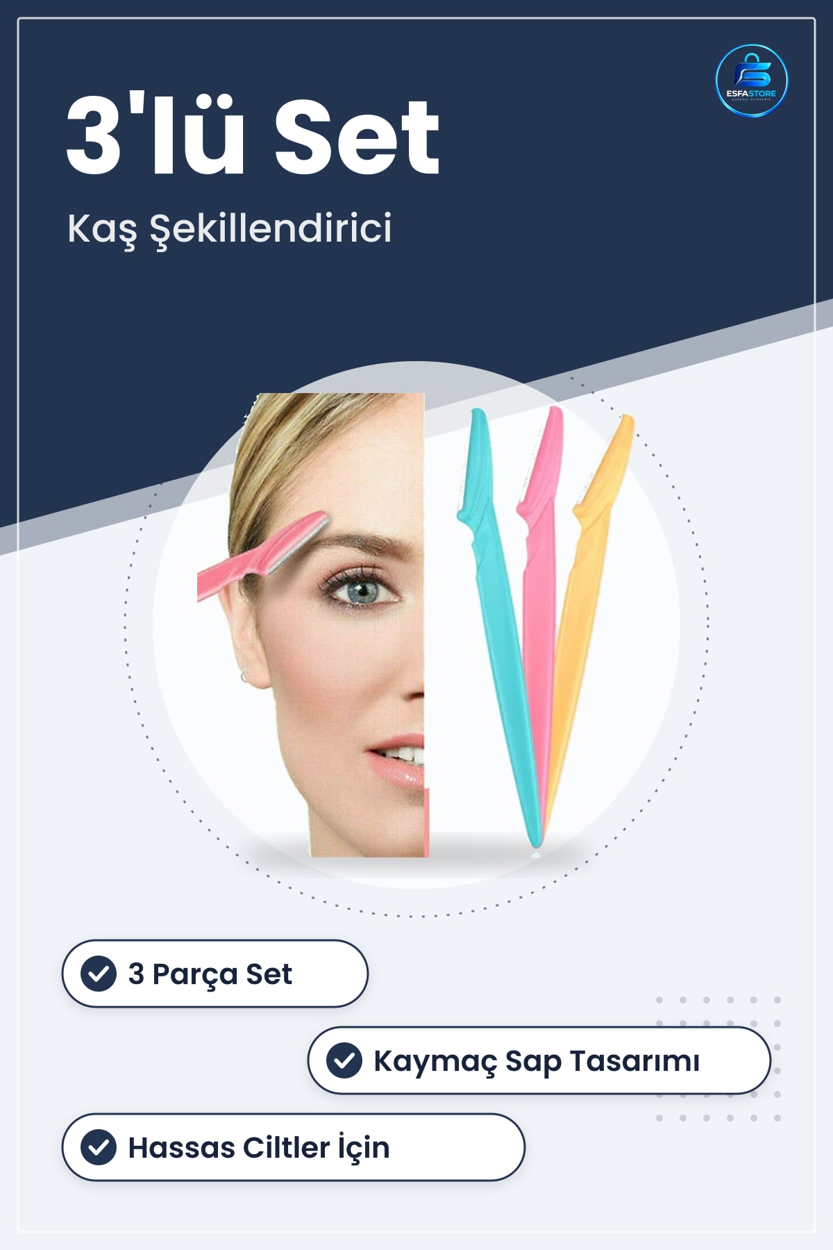 Kadın Kaş Usturası Seti 3lü Hassas Ciltler İçin Güvenli Yüz Tüy Temizleme Bıçağı Dermaplaning