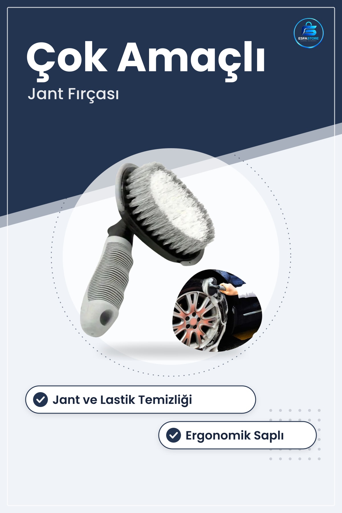 Oto Temizlik Fırçası Jant Koltuk Halı Torpido Yüzey Ergonomik Saplı Çok Amaçlı Araç Aparatı