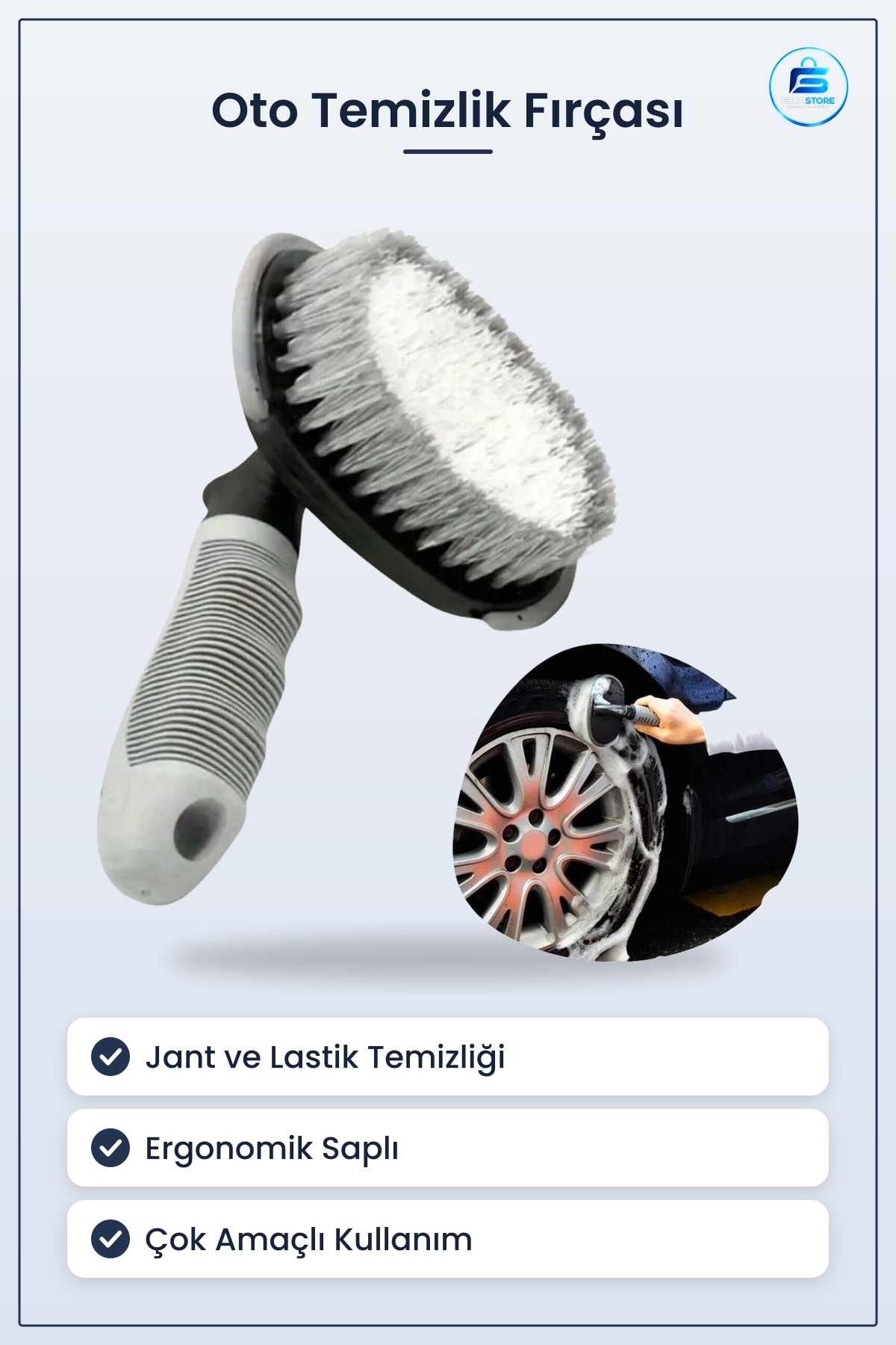 Oto Temizlik Fırçası Jant Koltuk Halı Torpido Yüzey Ergonomik Saplı Çok Amaçlı Araç Aparatı