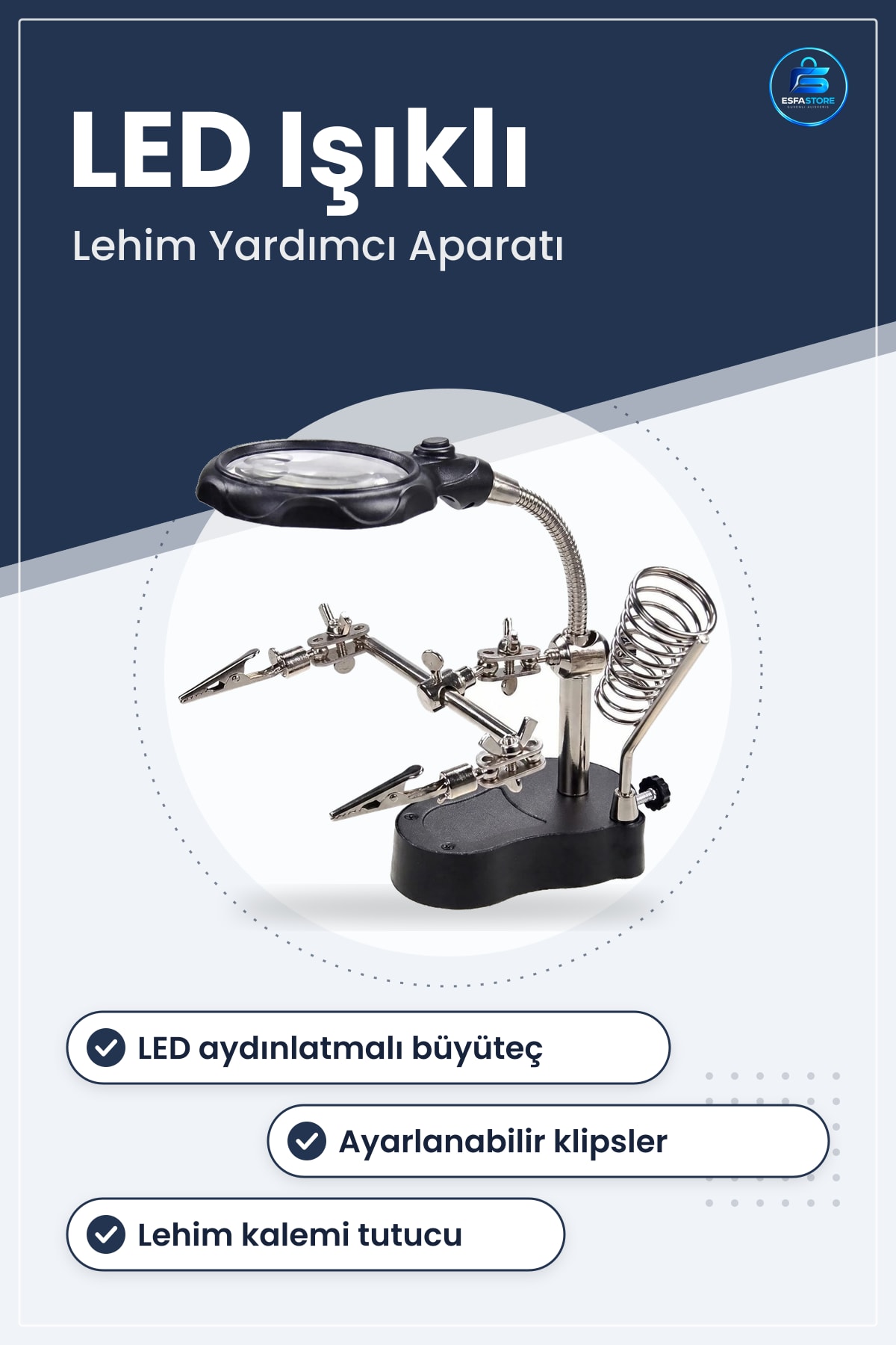 LED Işıklı Büyüteç Lehimleme İstasyonu Yardımcı Klipsli Masaüstü Elektronik Tamir Aparatı