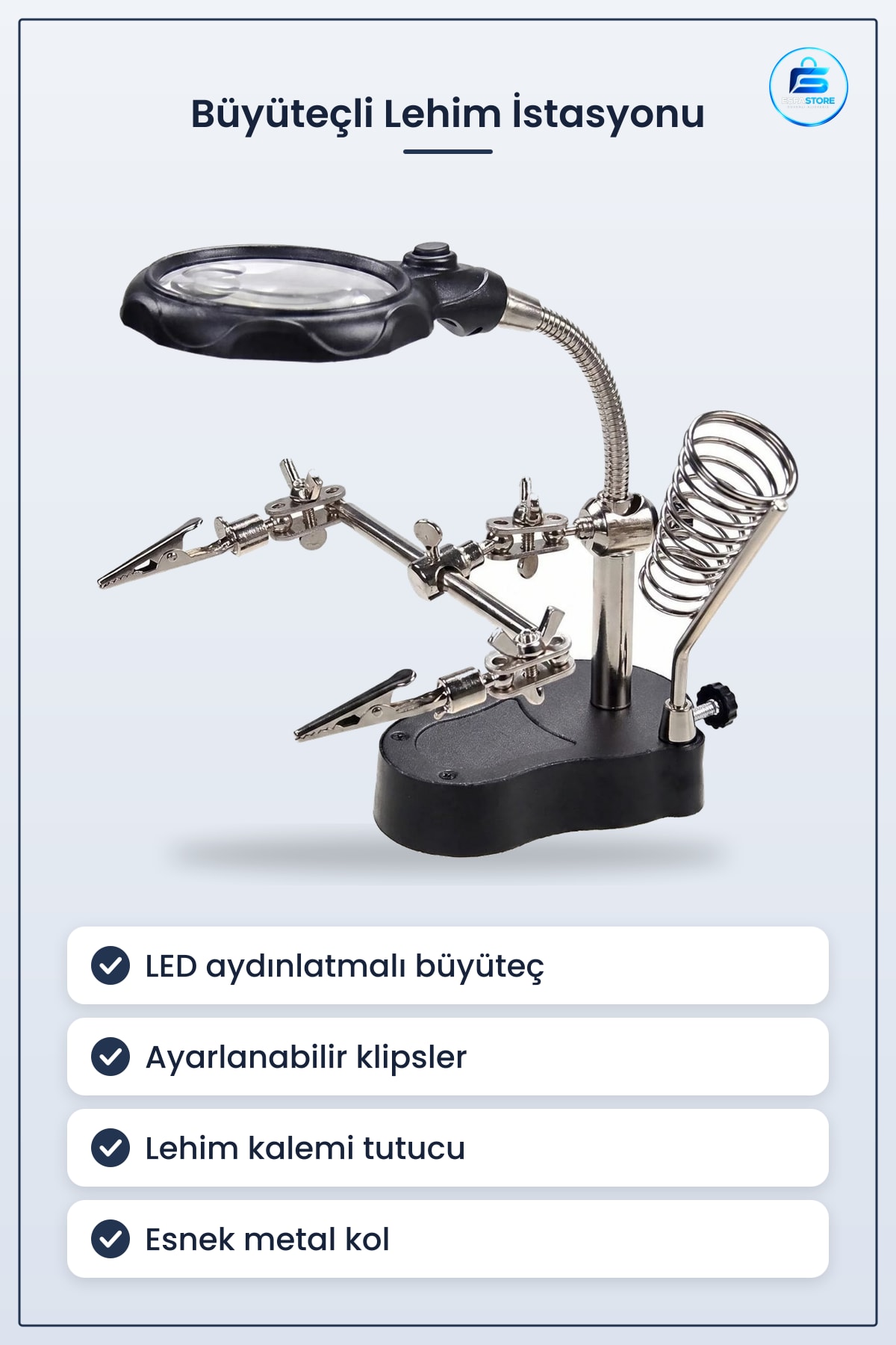 LED Işıklı Büyüteç Lehimleme İstasyonu Yardımcı Klipsli Masaüstü Elektronik Tamir Aparatı
