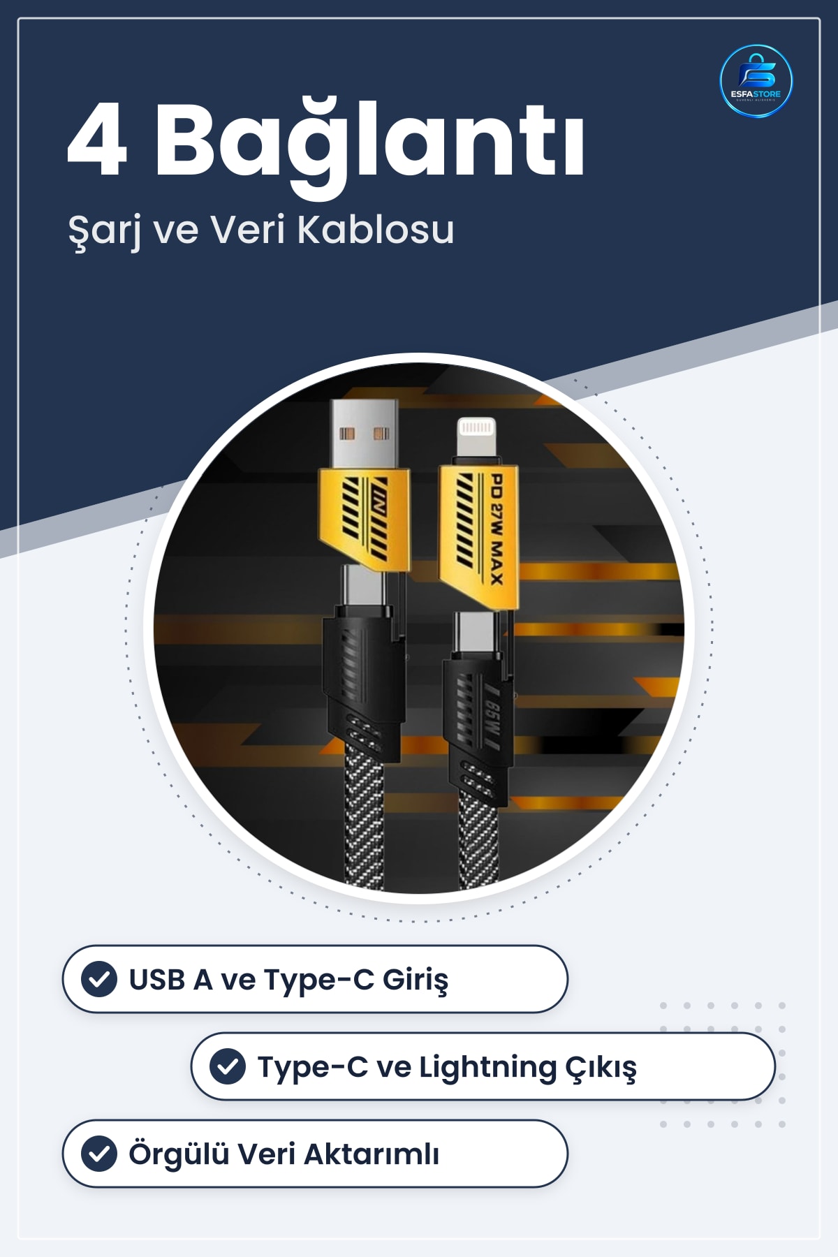 Hızlı Şarj Kablosu 65W USB A Girişli Type C ve Lightning Çıkışlı Örgülü Veri Aktarımlı 90 cm