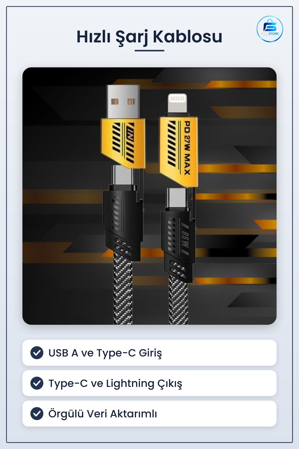 Hızlı Şarj Kablosu 65W USB A Girişli Type C ve Lightning Çıkışlı Örgülü Veri Aktarımlı 90 cm