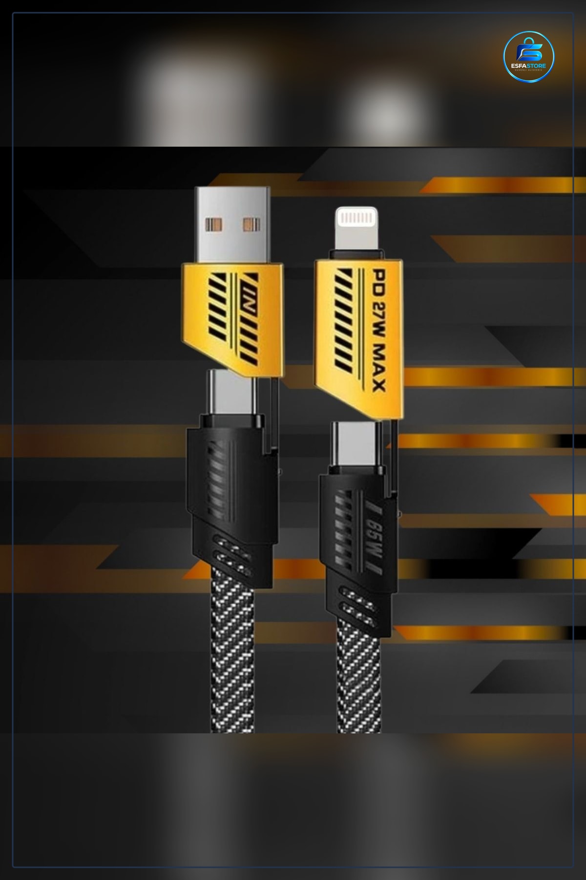 Hızlı Şarj Kablosu 65W USB A Girişli Type C ve Lightning Çıkışlı Örgülü Veri Aktarımlı 90 cm