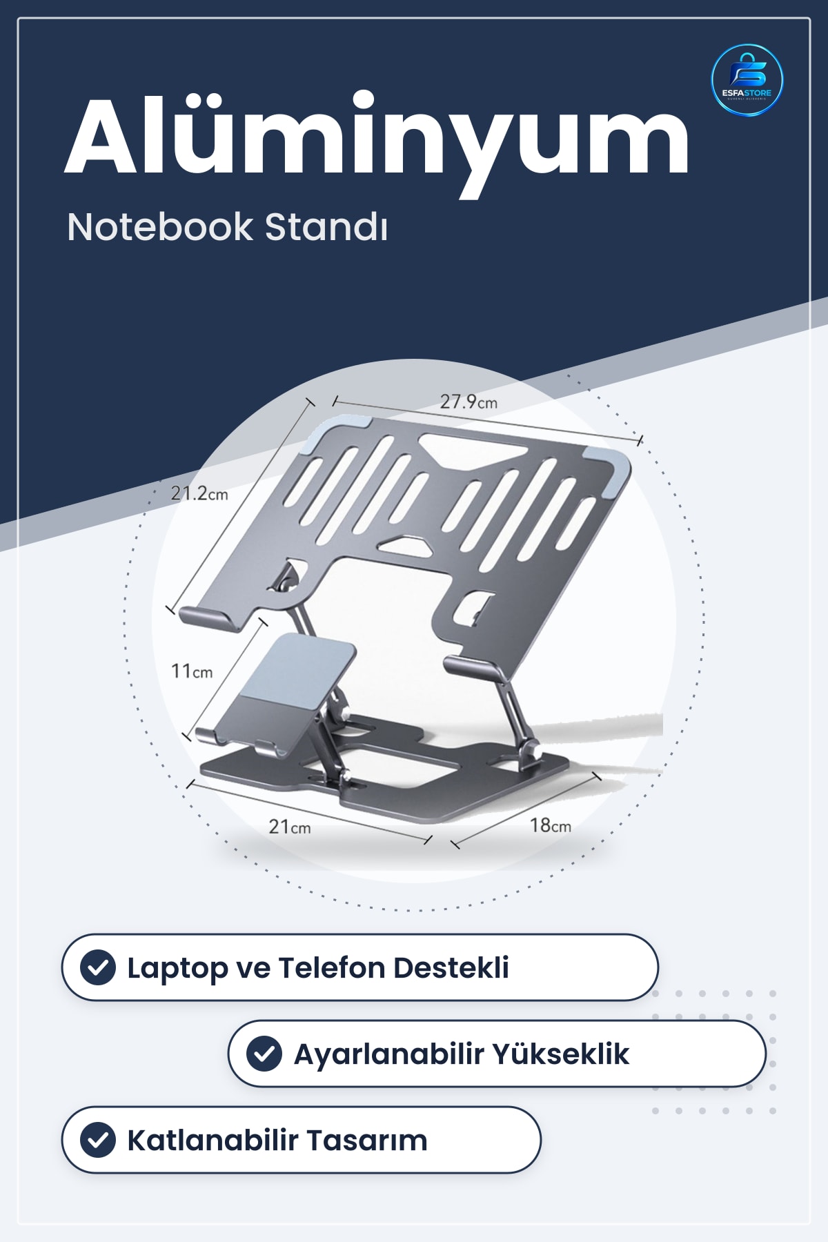 Alüminyum Laptop ve Telefon Standı Katlanabilir Ayarlanabilir Ergonomik Yükseltici Dayanıklı Pratik