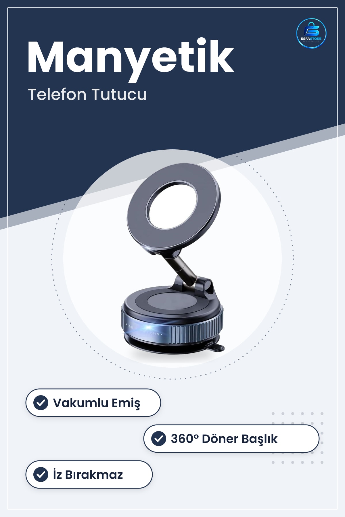 Vakumlu Emişli Manyetik Telefon Tutucu Döner Başlıklı Mıknatıslı İz Bırakmaz Araç İçi Pratik