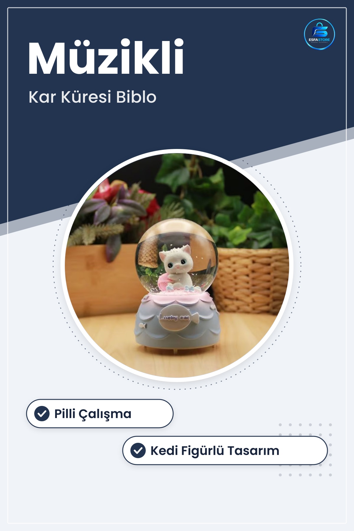 Müzikli Kar Küresi Işıklı Kedi Figürlü Dekoratif Masaüstü Biblo Hediyelik Pilli Şanslı Pratik