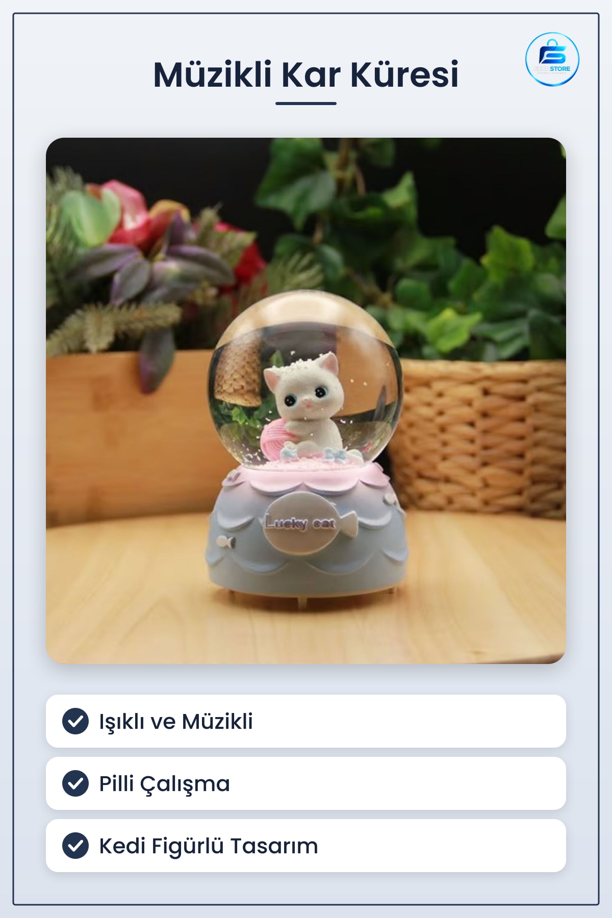 Müzikli Kar Küresi Işıklı Kedi Figürlü Dekoratif Masaüstü Biblo Hediyelik Pilli Şanslı Pratik