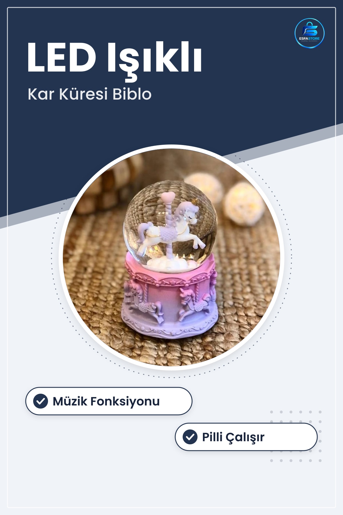 Pilli Işıklı Müzikli Kar Küresi Atlıkarınca Figürlü LED Aydınlatmalı Masaüstü Biblo Hediyelik