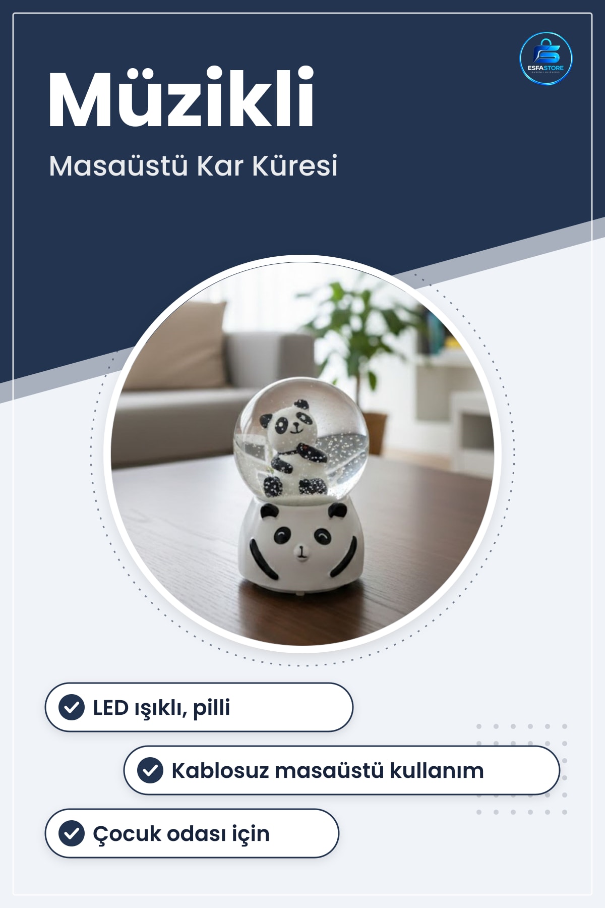 Panda Figürlü Müzikli Kar Küresi Pilli LED Işıklı Masaüstü Dekoratif Biblo Hediyelik Eşya