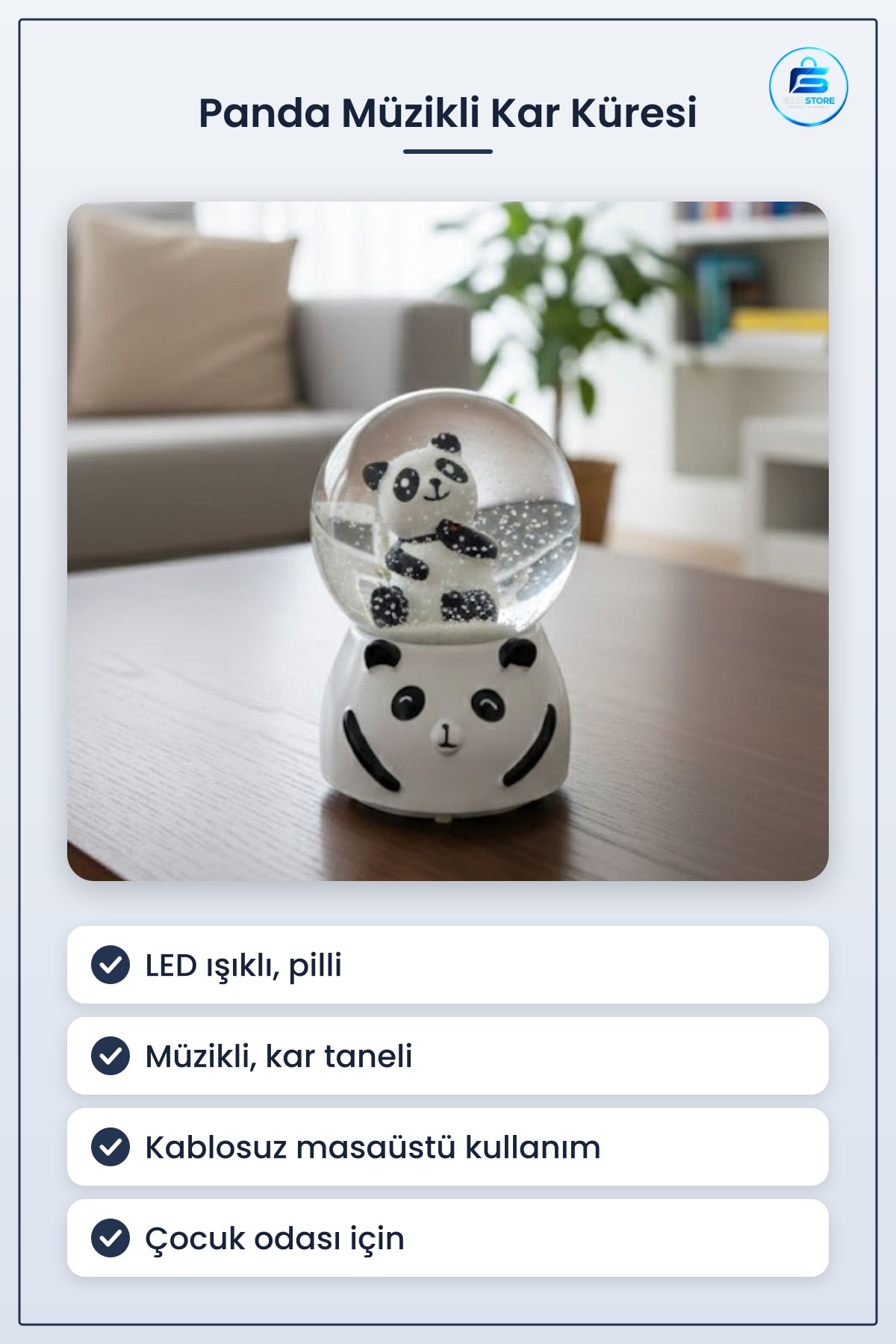Panda Figürlü Müzikli Kar Küresi Pilli LED Işıklı Masaüstü Dekoratif Biblo Hediyelik Eşya