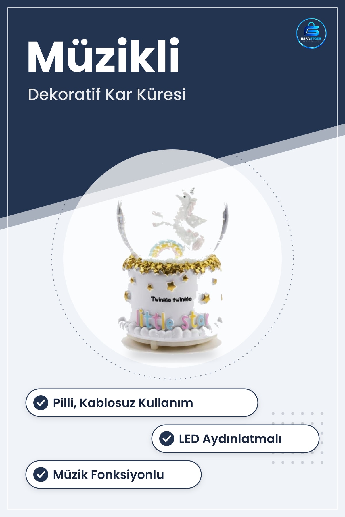 Pilli Işıklı Müzikli Kar Küresi Unicorn Figürlü LED Aydınlatmalı Masaüstü Biblo Dekoratif Obje