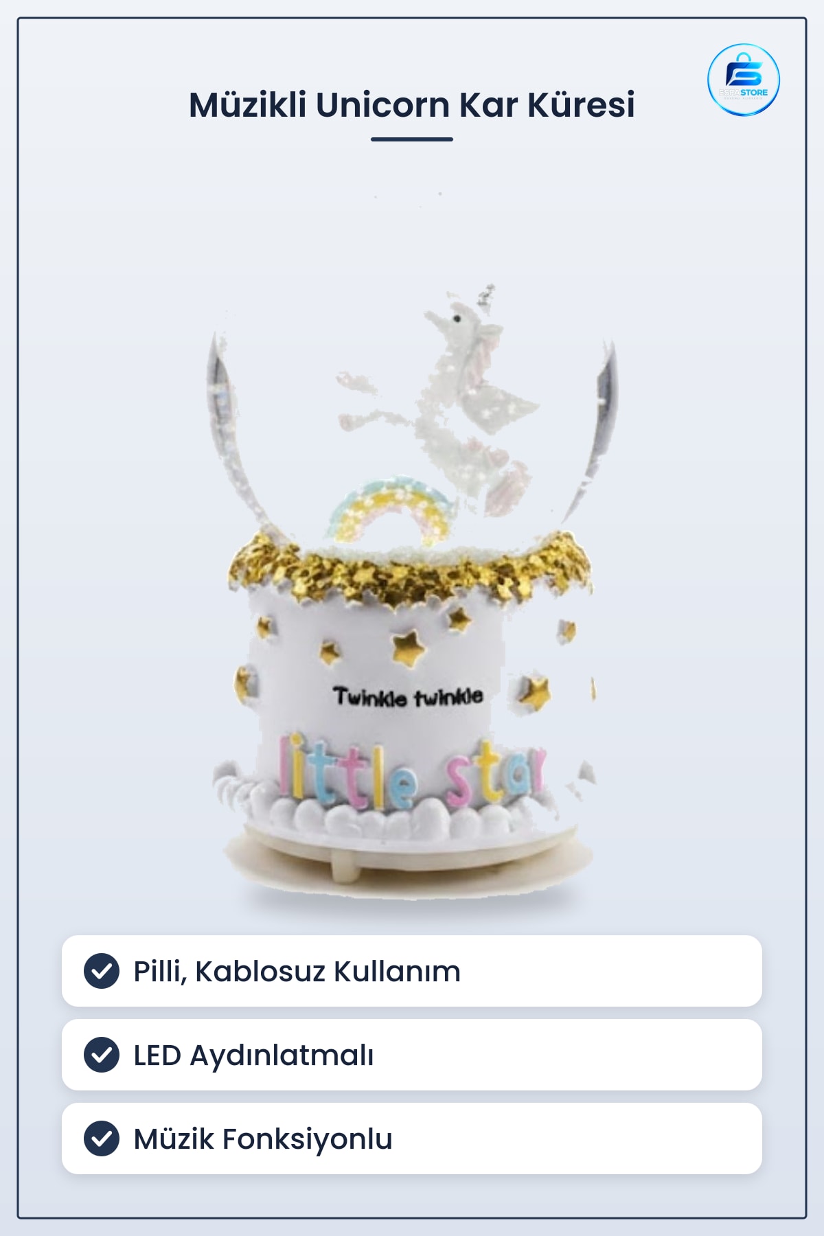 Pilli Işıklı Müzikli Kar Küresi Unicorn Figürlü LED Aydınlatmalı Masaüstü Biblo Dekoratif Obje
