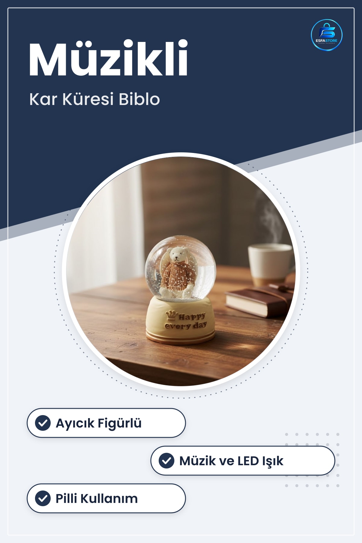 Müzikli Kar Küresi Işıklı Ayıcık Figürlü Dekoratif Masaüstü Biblo Hediyelik Pilli Sevimli Tatlı