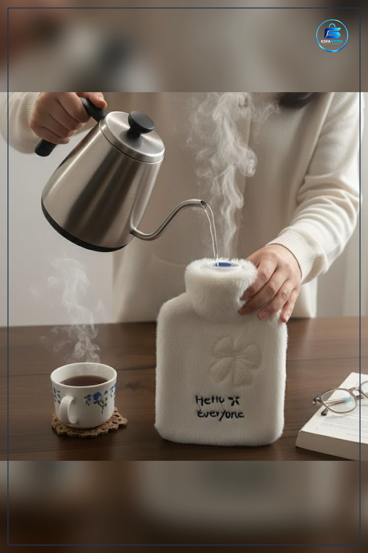 Kurdeleli Peluş Sıcak Su Torbası Yumuşak Kılıf Termal Kullanışlı Hediyelik Hello Everyone Yazılı