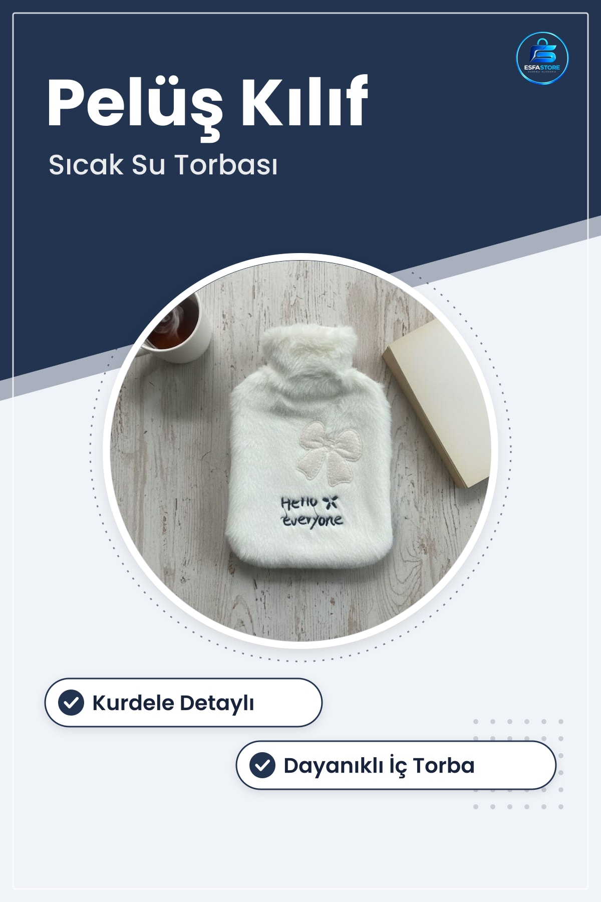 Kurdeleli Peluş Sıcak Su Torbası Yumuşak Kılıf Termal Kullanışlı Hediyelik Hello Everyone Yazılı