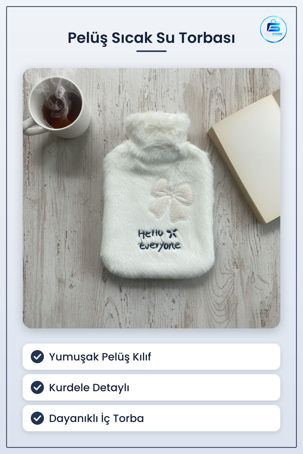 Kurdeleli Peluş Sıcak Su Torbası Yumuşak Kılıf Termal Kullanışlı Hediyelik Hello Everyone Yazılı