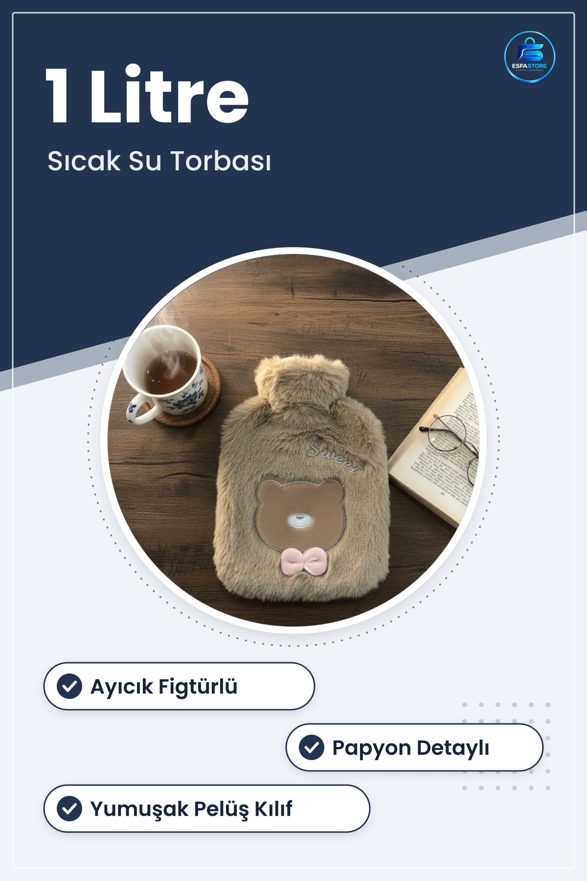 Sıcak Su Torbası 1 Lt Papyonlu Ayıcık Figürlü Kahverengi Peluş Kılıflı Termal Yapılı Hediye
