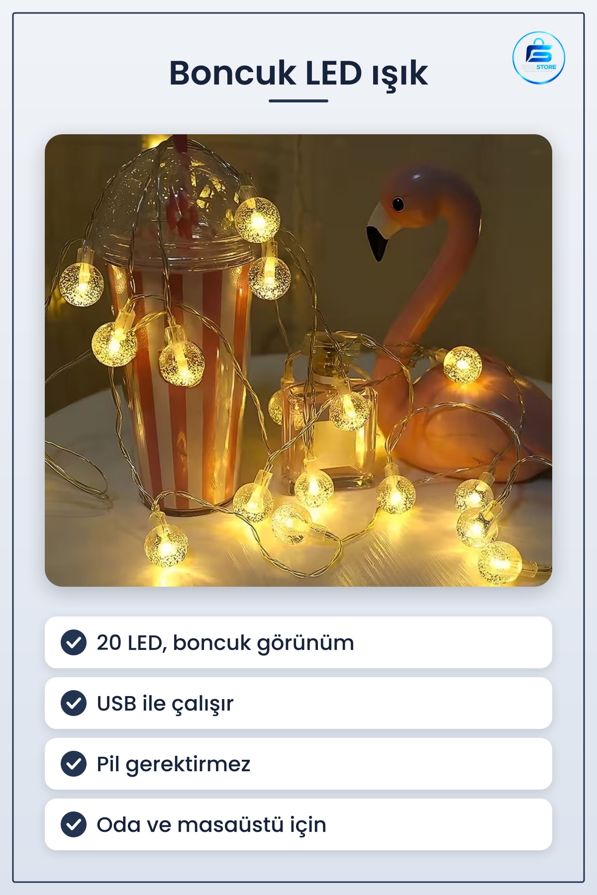 Boncuk Detaylı USB LED Işık Dekoratif Ortam Aydınlatması Oda ve Masaüstü Dekorasyonu Kullanışlı
