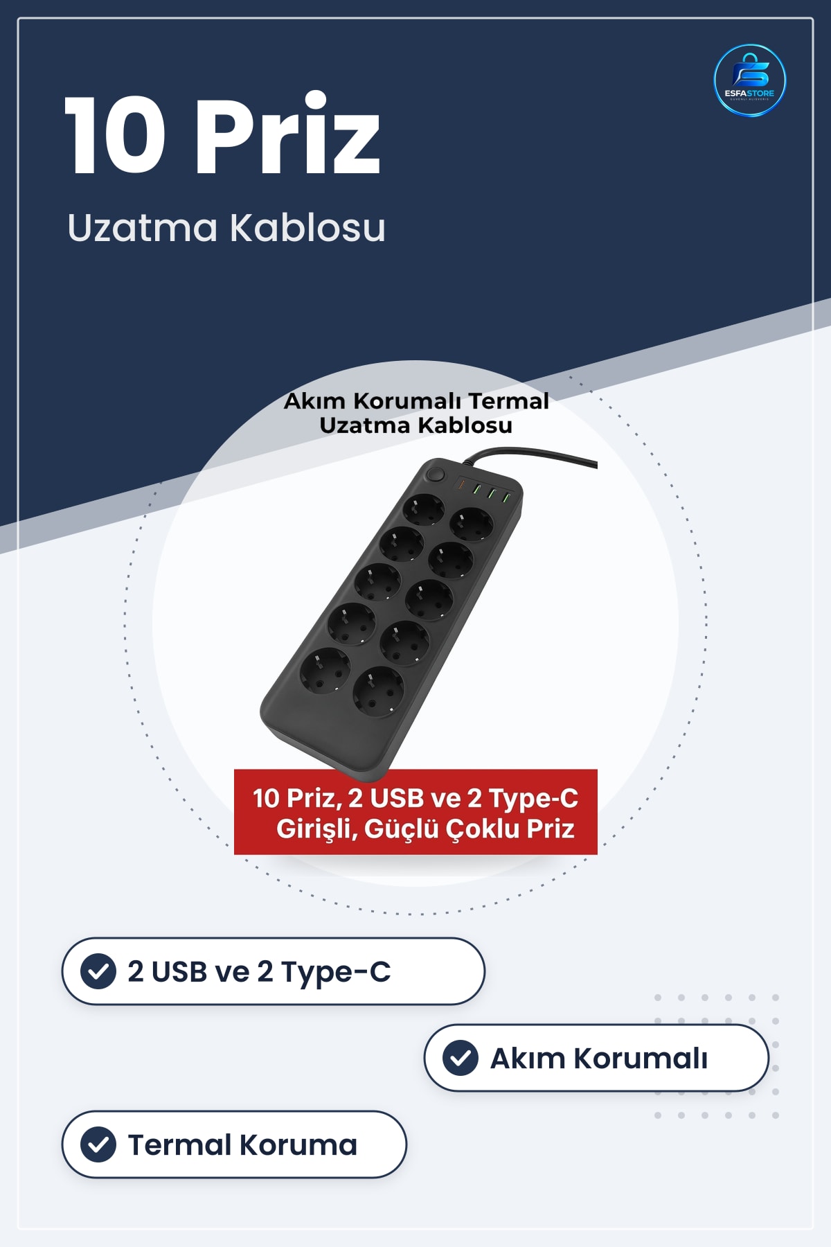 Akım Korumalı Termal Uzatma Kablosu Çoklu Priz USB ve Tip C Girişli Ev Ofis Kullanımı Pratik