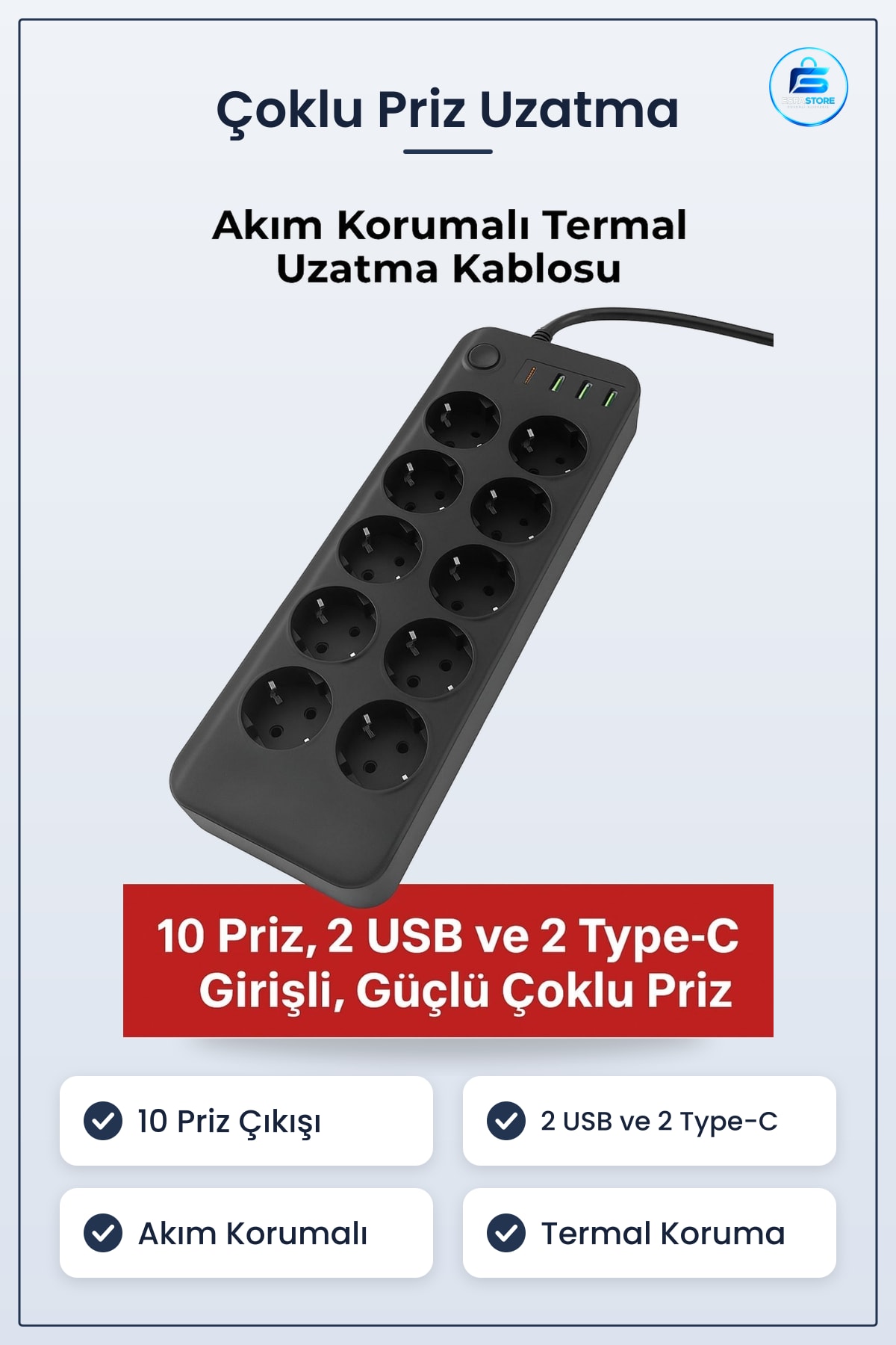 Akım Korumalı Termal Uzatma Kablosu Çoklu Priz USB ve Tip C Girişli Ev Ofis Kullanımı Pratik