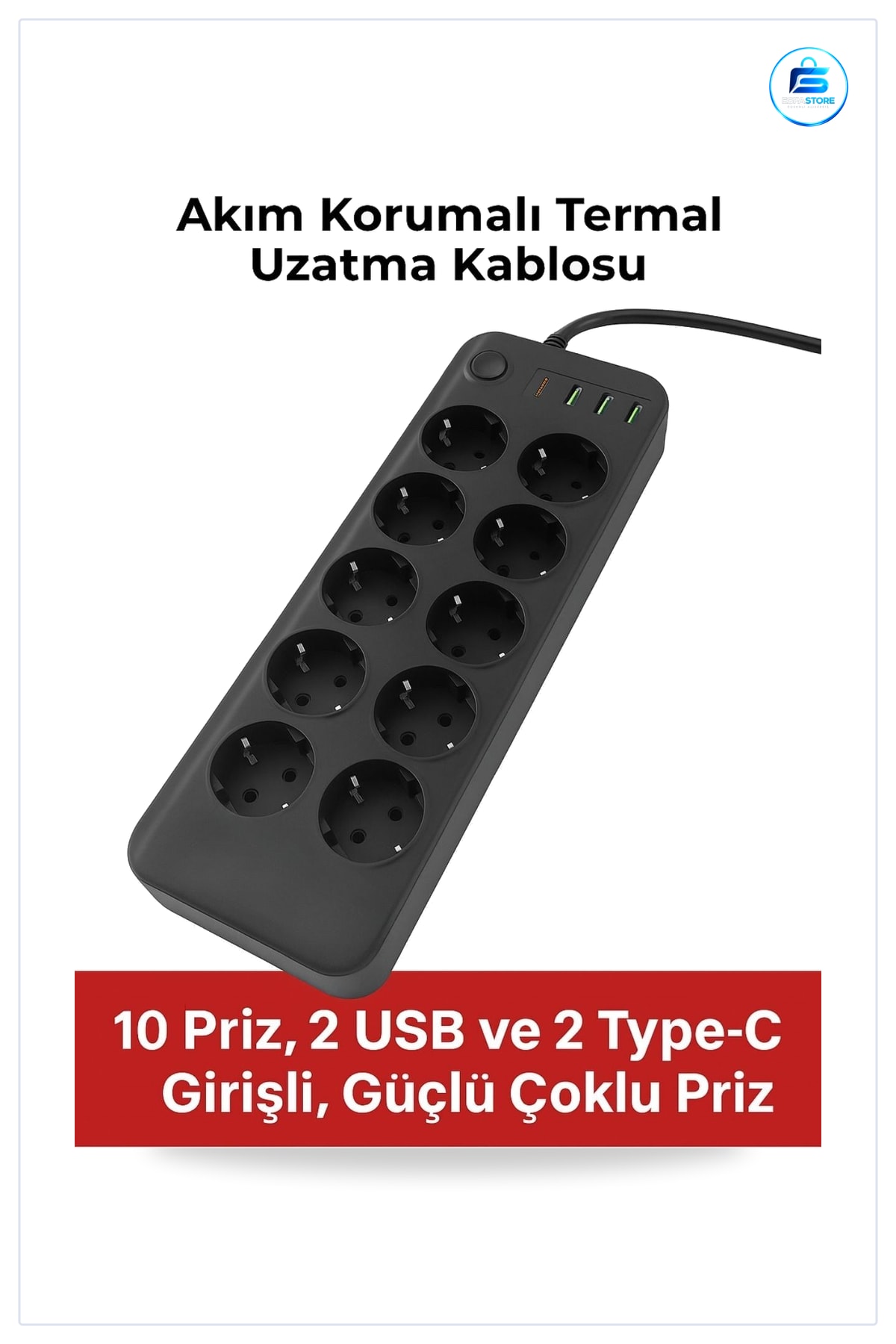 Akım Korumalı Termal Uzatma Kablosu Çoklu Priz USB ve Tip C Girişli Ev Ofis Kullanımı Pratik