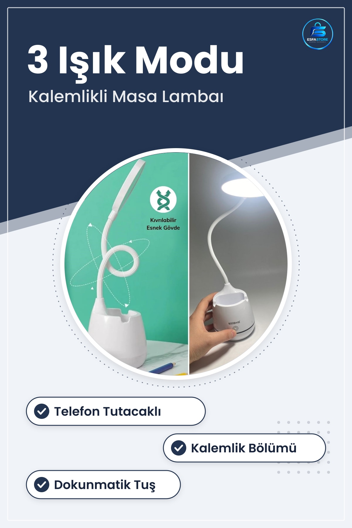 Telefon Tutacaklı Kalemlikli Şarjlı Dokunmatik Esnek Başlıklı Dimmerli LED Masa Lambası