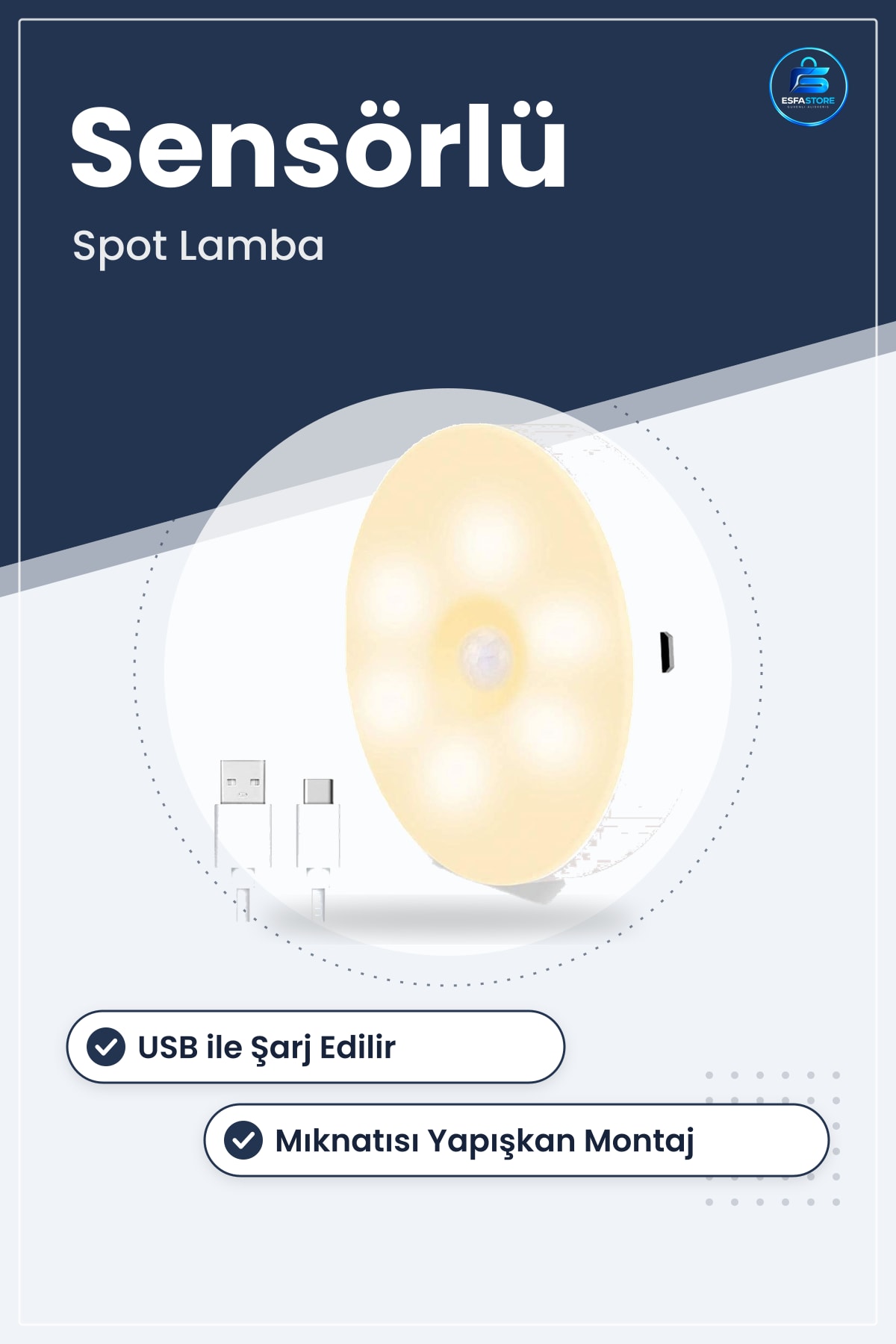 Hareket Sensörlü Spot Lamba USB Şarjlı Mıknatıslı Yapışkanlı Gün Işığı Renk LED Dolap İçi