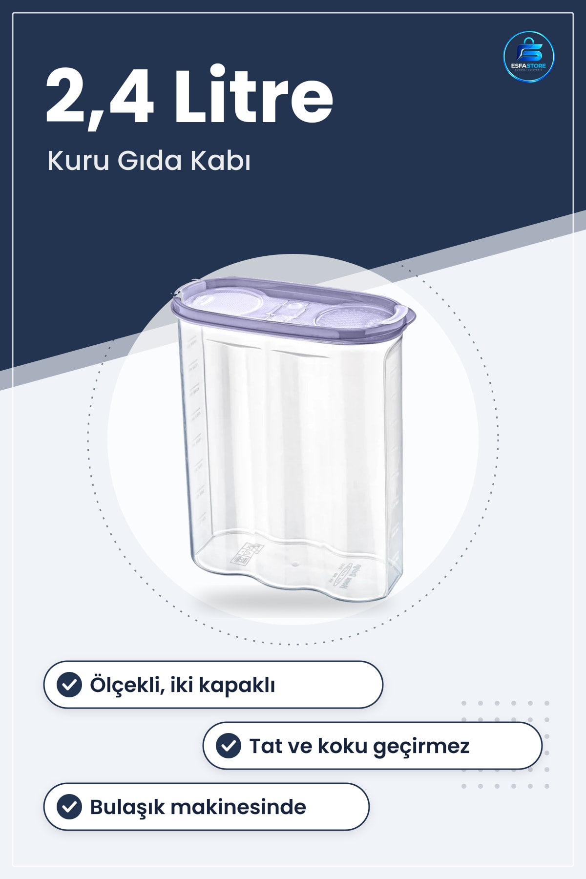 Saklama Kabı Kuru Gıda Kutusu 2,4 Litre 2 Kapaklı Ölçekli Erzak Filtreli Filtresiz Kapak