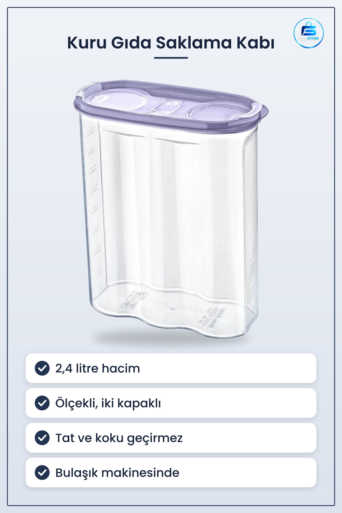 Saklama Kabı Kuru Gıda Kutusu 2,4 Litre 2 Kapaklı Ölçekli Erzak Filtreli Filtresiz Kapak