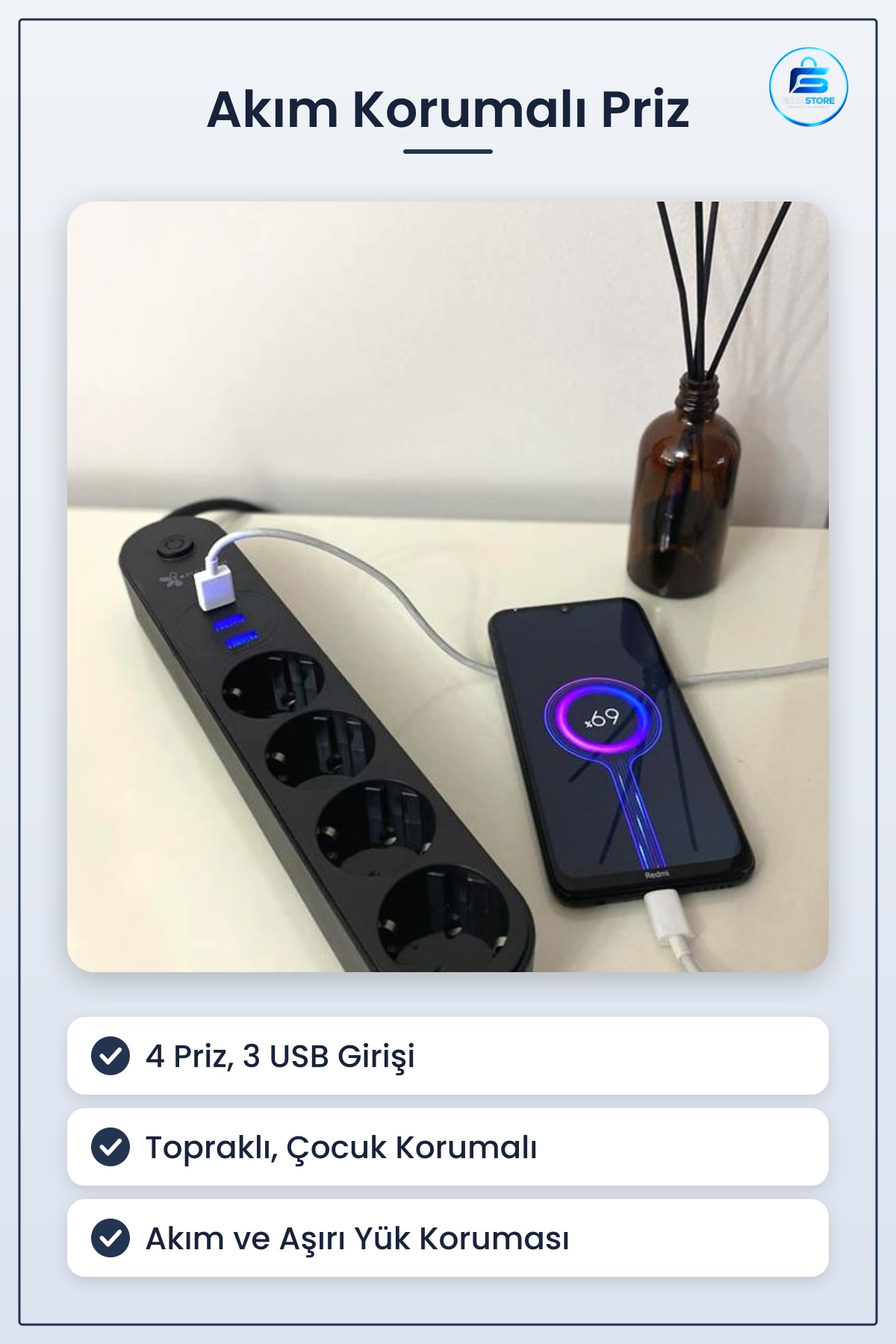 Grup Priz Akım Korumalı Topraklı Çocuk Koruyucu USB Girişli Dayanıklı Pratik Kullanışlı