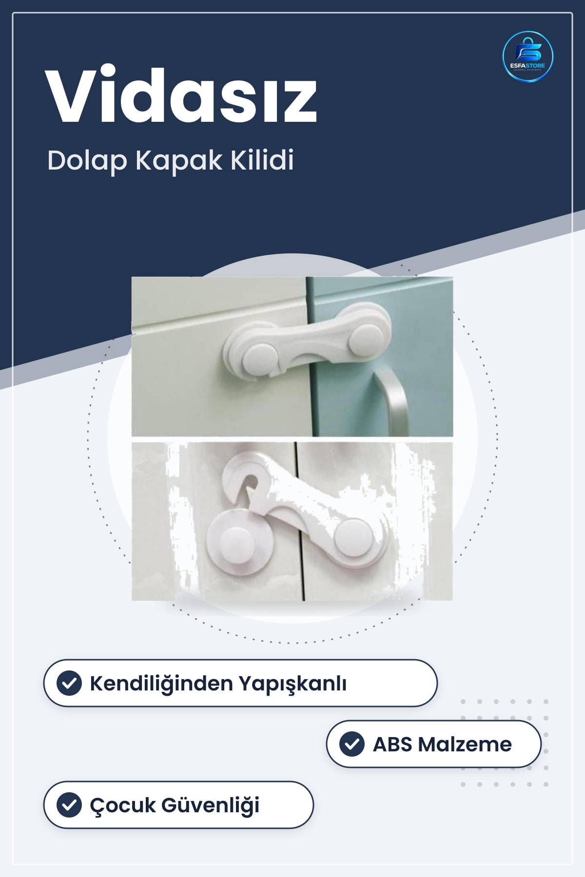 Çocuk Güvenliği İçin Çekmece Dolap Kapak Kilidi Kendiliğinden Yapışkanlı Vidasız Pratik Kullanım