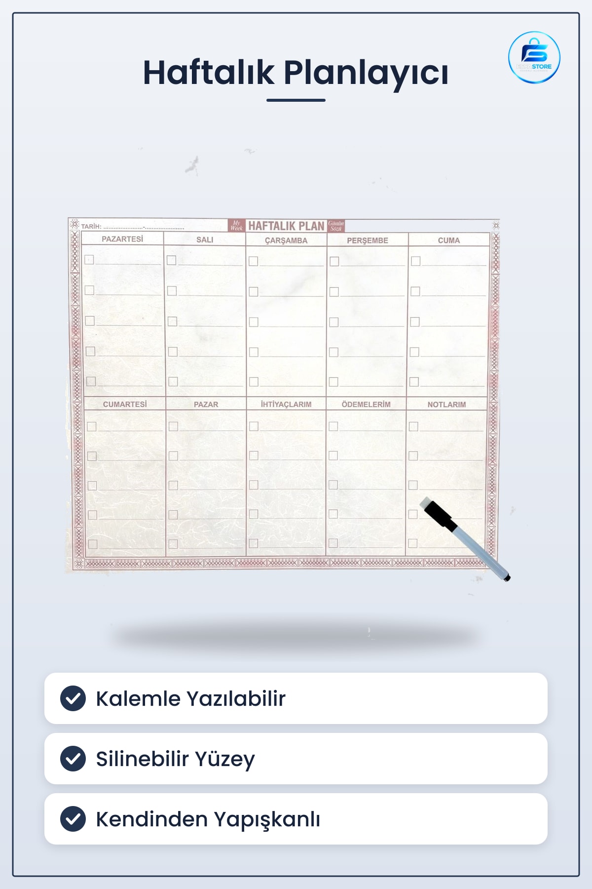 Şeffaf Kendiliğinden Yapışkanlı Haftalık Planlayıcı Kalemli Silinebilir Duvar Planlama Tahtası