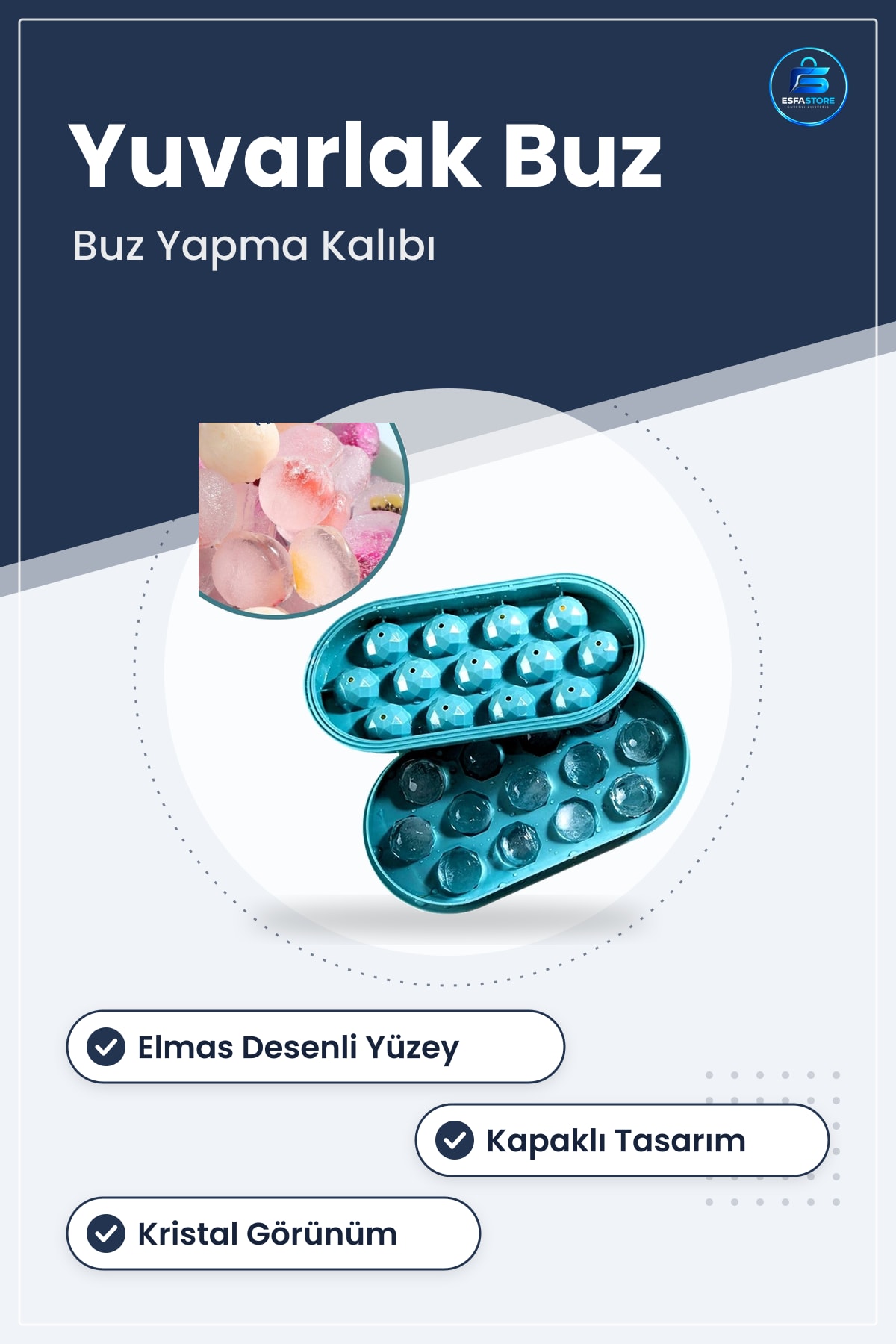 Kristal Görünümlü Buz Yapma Kalıbı Kapaklı Elmas Desenli Yuvarlak Topu Kullanışlı Dayanıklı
