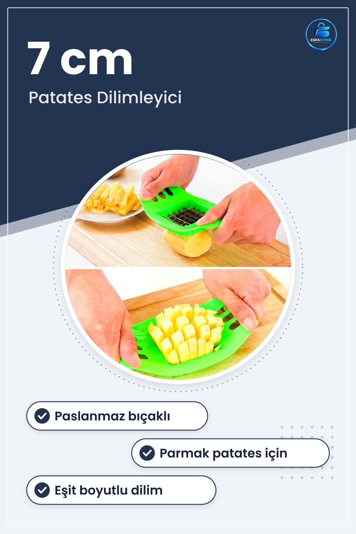 Kare Dizayn Patates Dilimleme Aleti 7 cm x Paslanmaz Bıçaklı Parmak Kesici Aparat