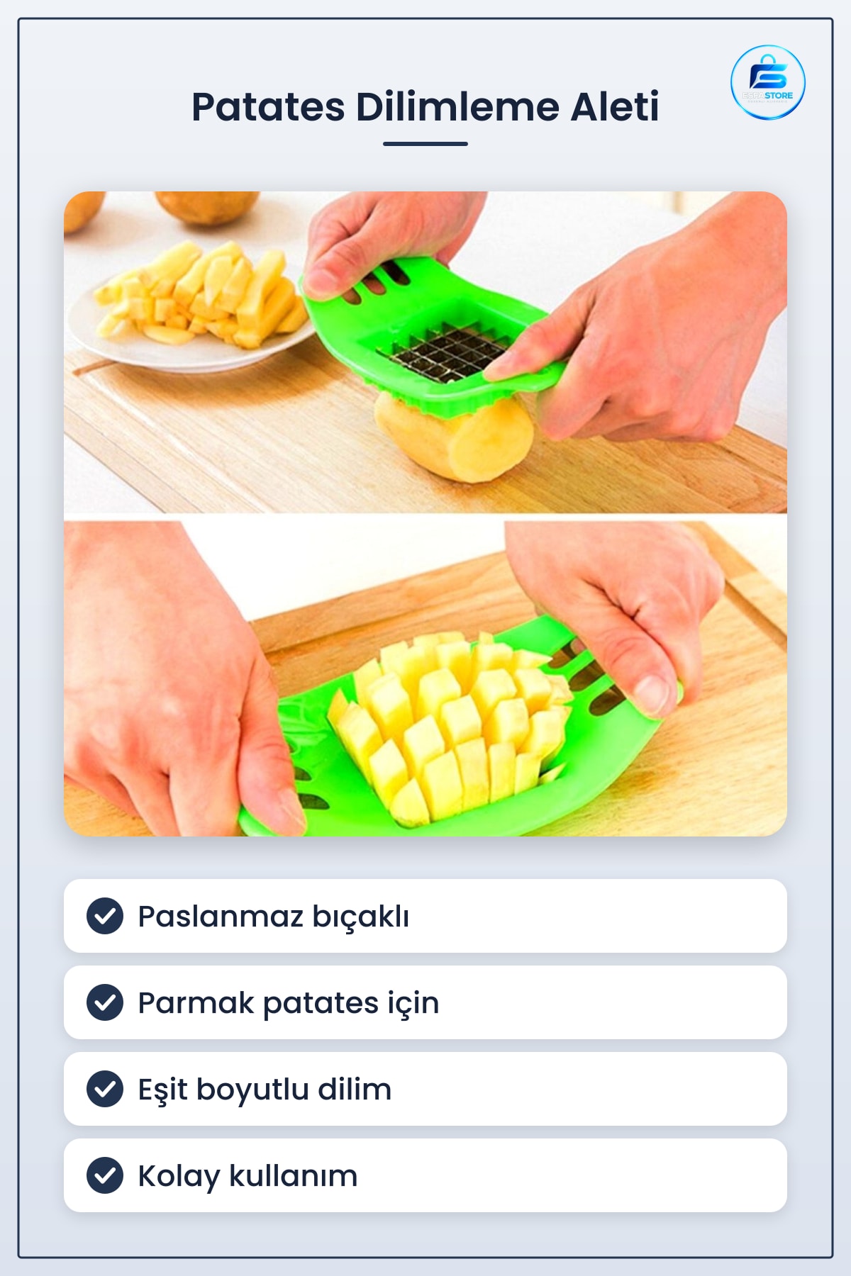 Kare Dizayn Patates Dilimleme Aleti 7 cm x Paslanmaz Bıçaklı Parmak Kesici Aparat