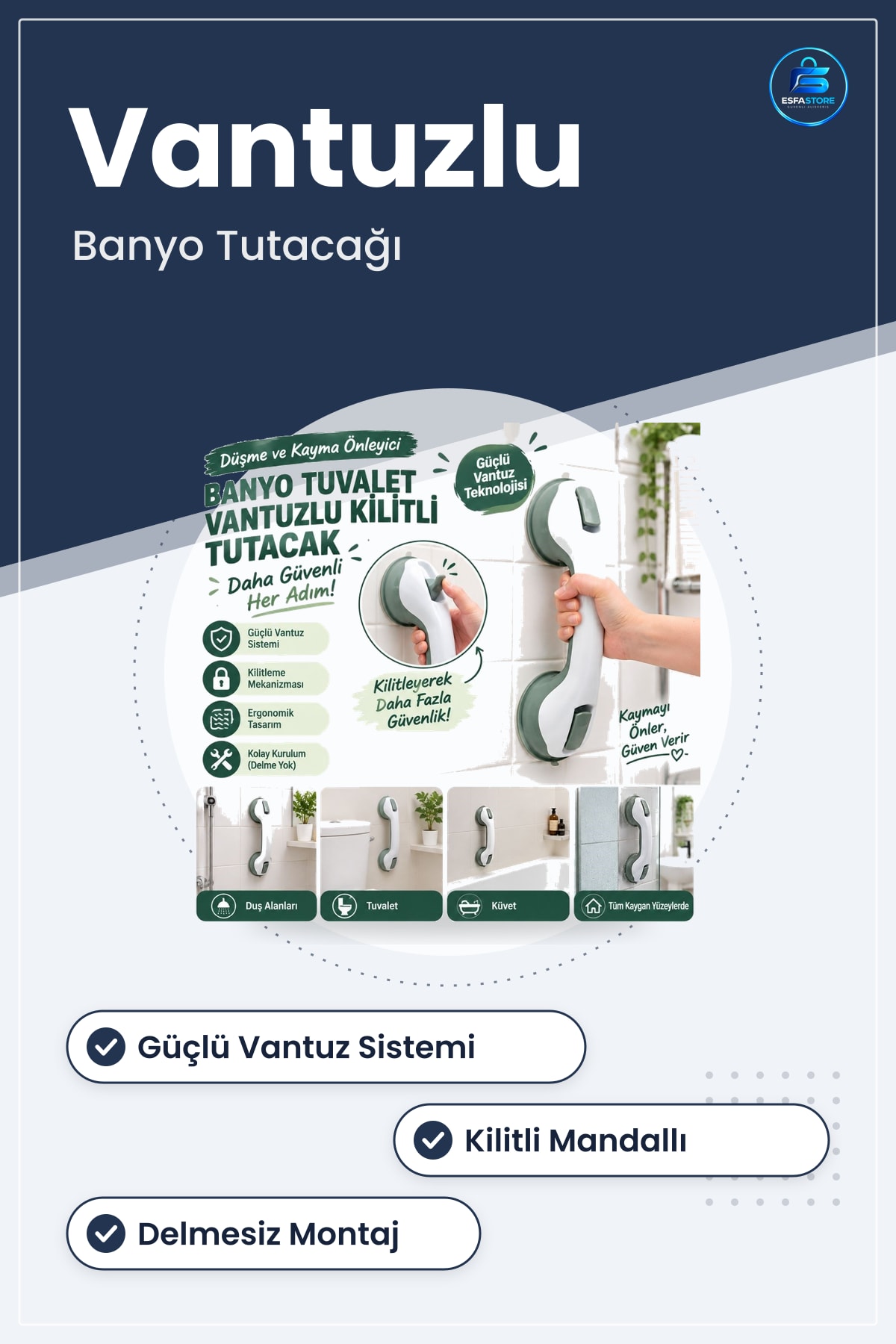 Düşme Ve Kayma Önleyici Banyo Vantuzlu Kilitli Tutacak Yaşlı Destek Duş Kabini Güvenlik Kolu