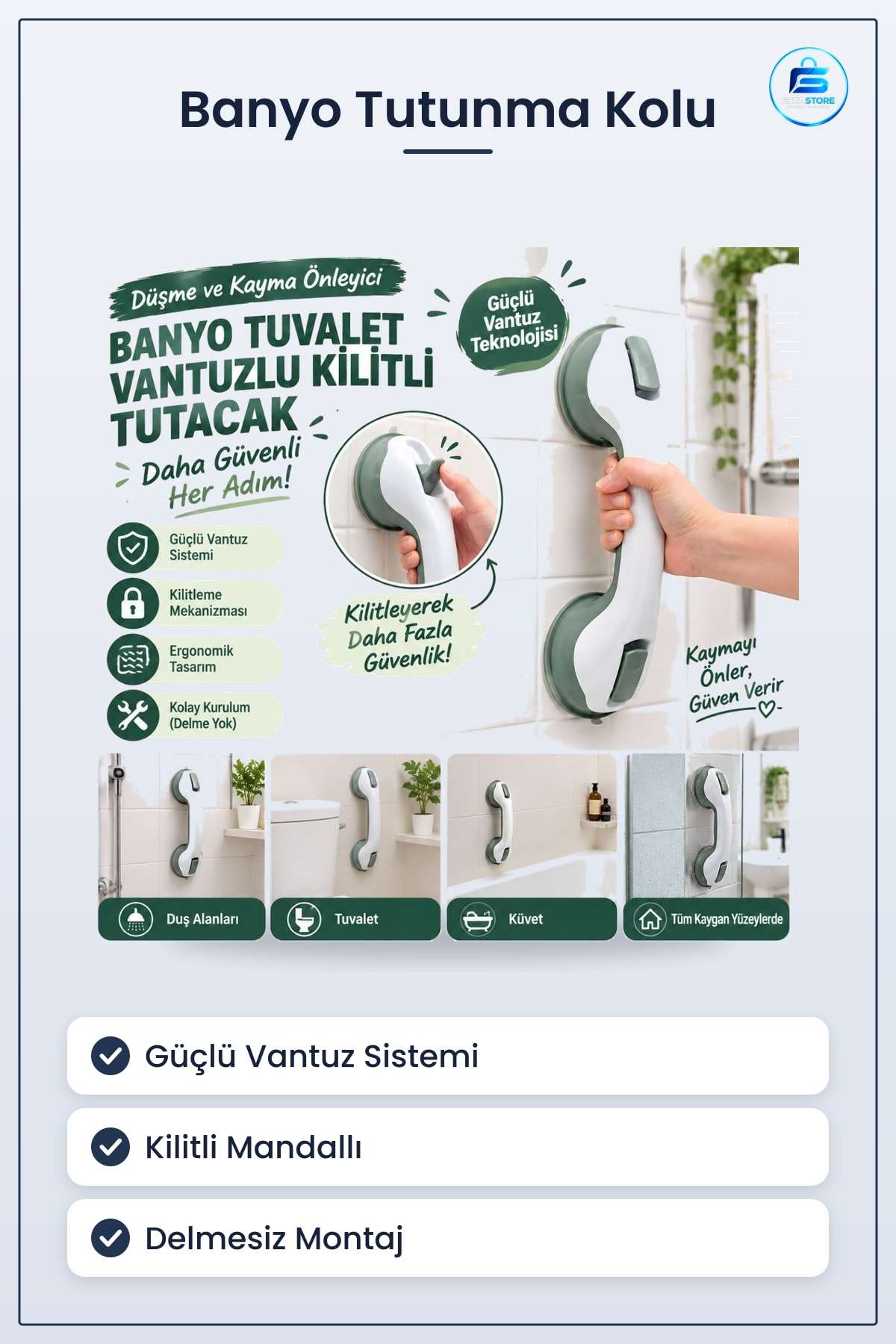 Düşme Ve Kayma Önleyici Banyo Vantuzlu Kilitli Tutacak Yaşlı Destek Duş Kabini Güvenlik Kolu