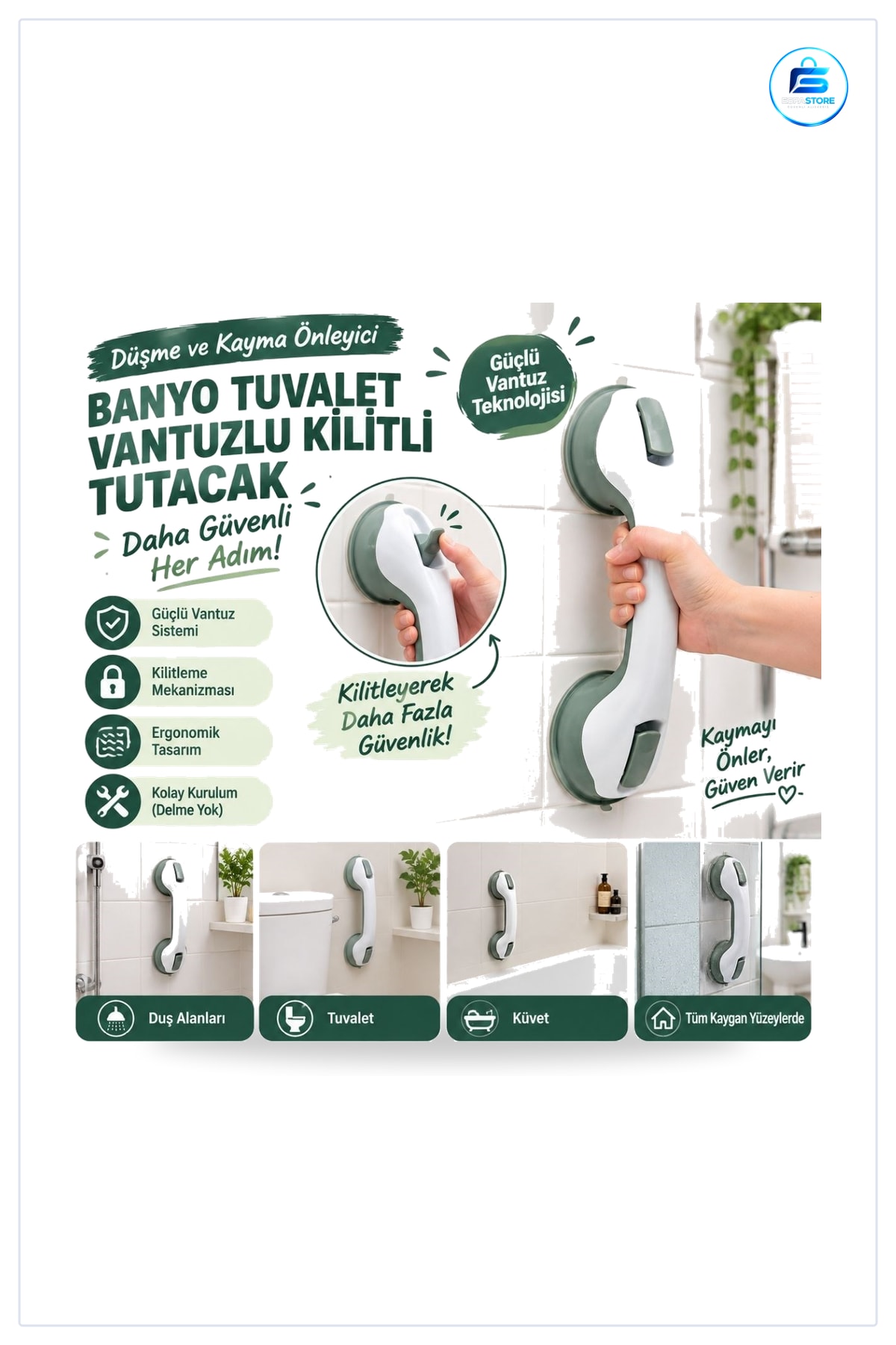 Düşme Ve Kayma Önleyici Banyo Vantuzlu Kilitli Tutacak Yaşlı Destek Duş Kabini Güvenlik Kolu