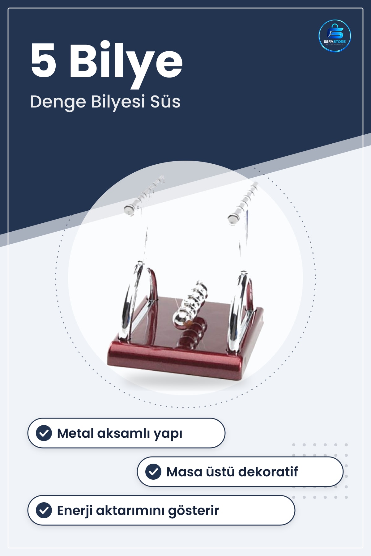 Newton Beşiği Balans Topları Büyük Boy Süs Eşyası 1 Adet Metal Aksamlı Denge Bilyesi