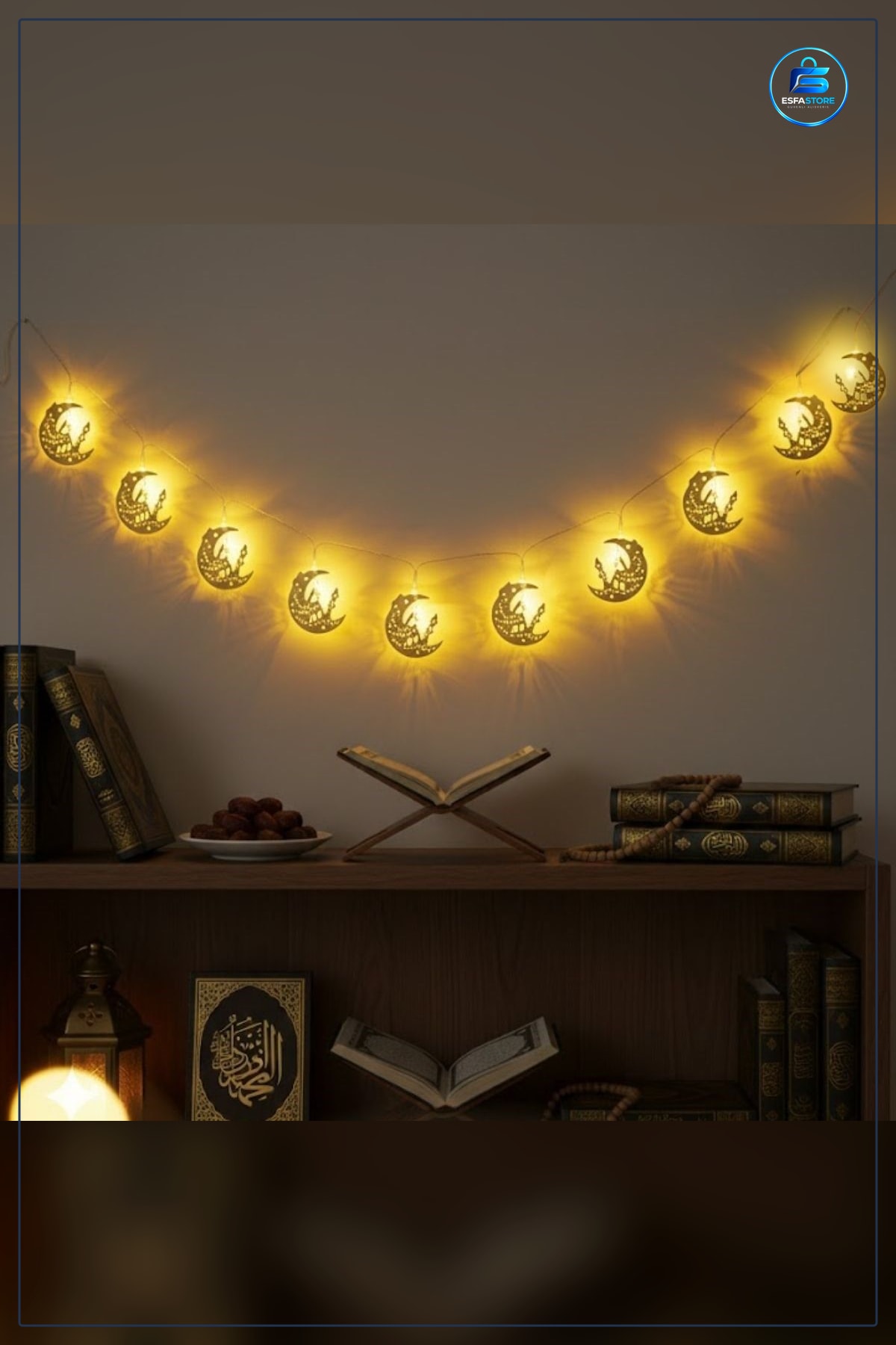 Hilal Üstü Cami Temalı LED Işık Dizisi Pilli Sarkıtlı Ramazan Süsü İslami Ev Dekorasyonu