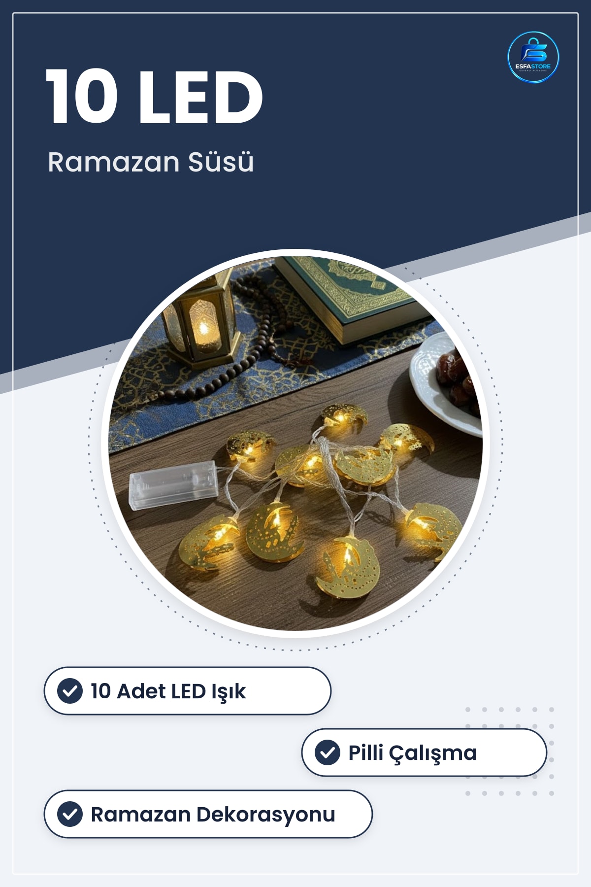Hilal Üstü Cami Temalı LED Işık Dizisi Pilli Sarkıtlı Ramazan Süsü İslami Ev Dekorasyonu