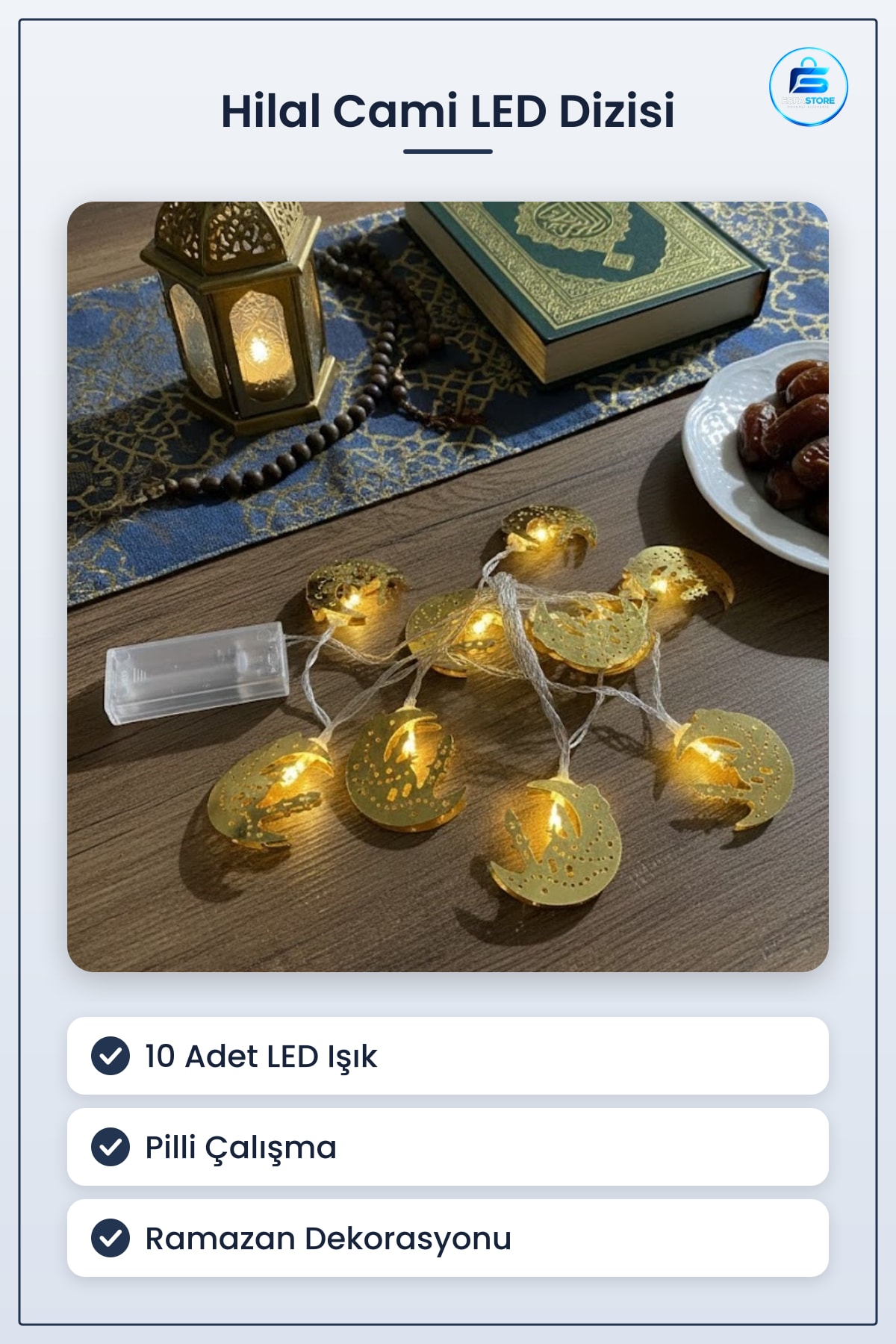 Hilal Üstü Cami Temalı LED Işık Dizisi Pilli Sarkıtlı Ramazan Süsü İslami Ev Dekorasyonu