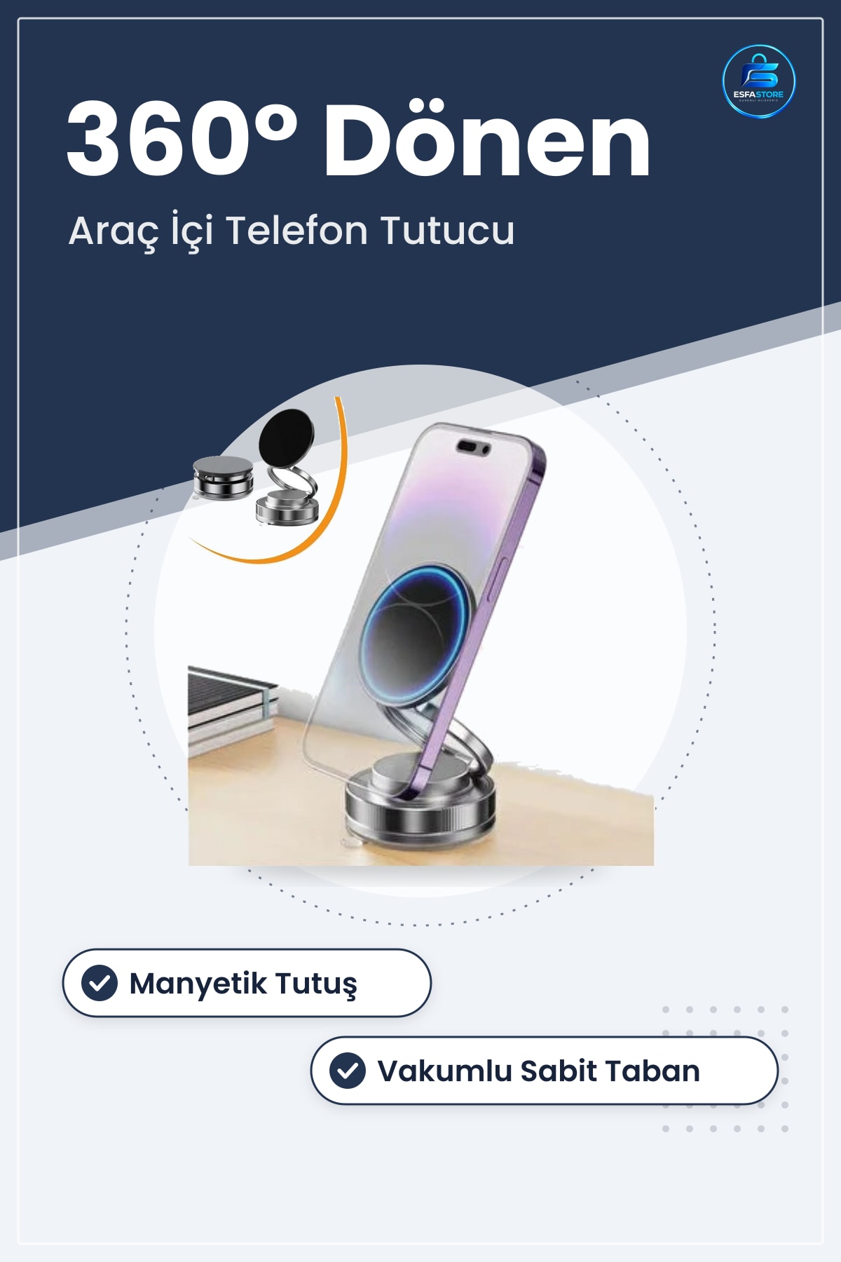 Vakumlu Manyetik Telefon Tutucu Araç İçi Döner Ultra Sabit Güvenli Mobil Cihaz Standı Pratik Aparatı