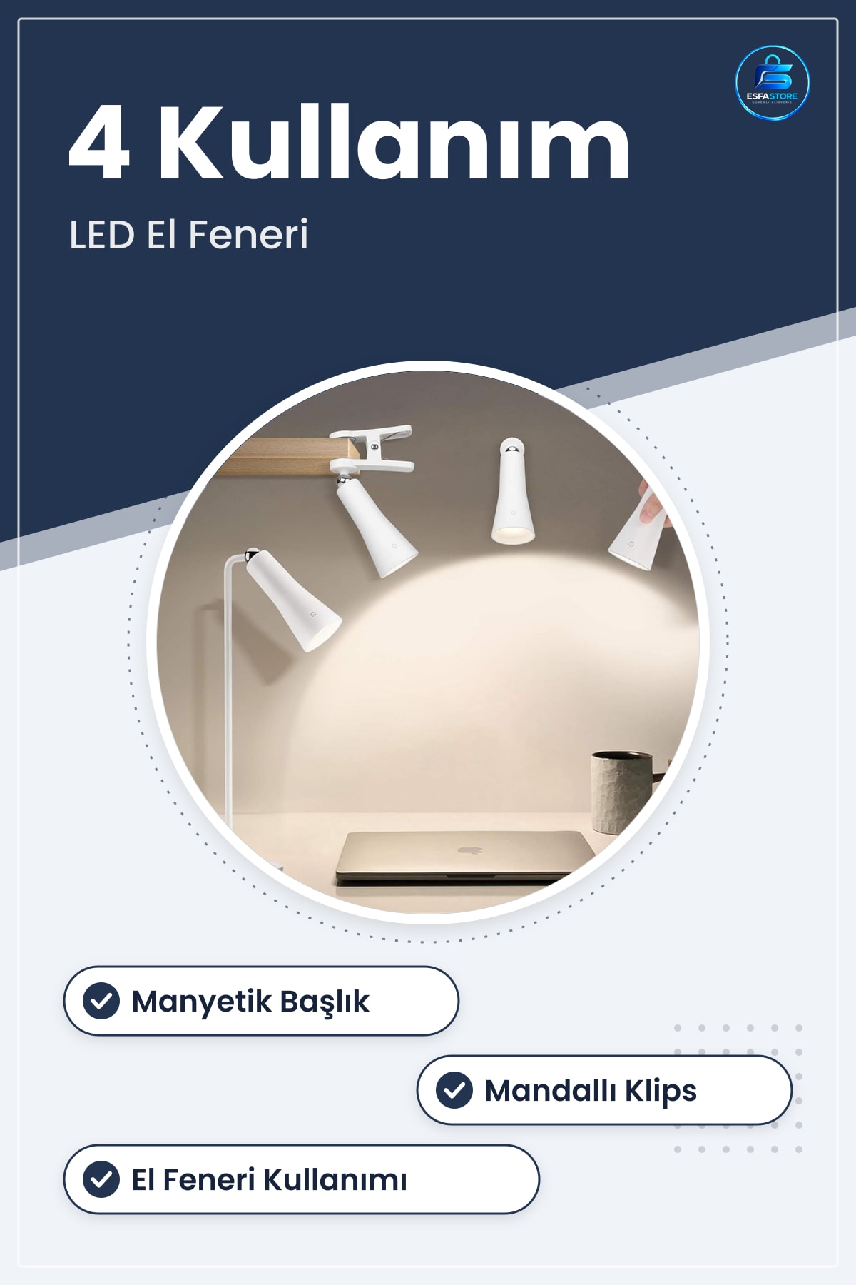 Manyetik Başlıklı Portatif LED Lamba El Feneri Masaüstü Duvara Asılabilir Mandallı Klipsli Işık