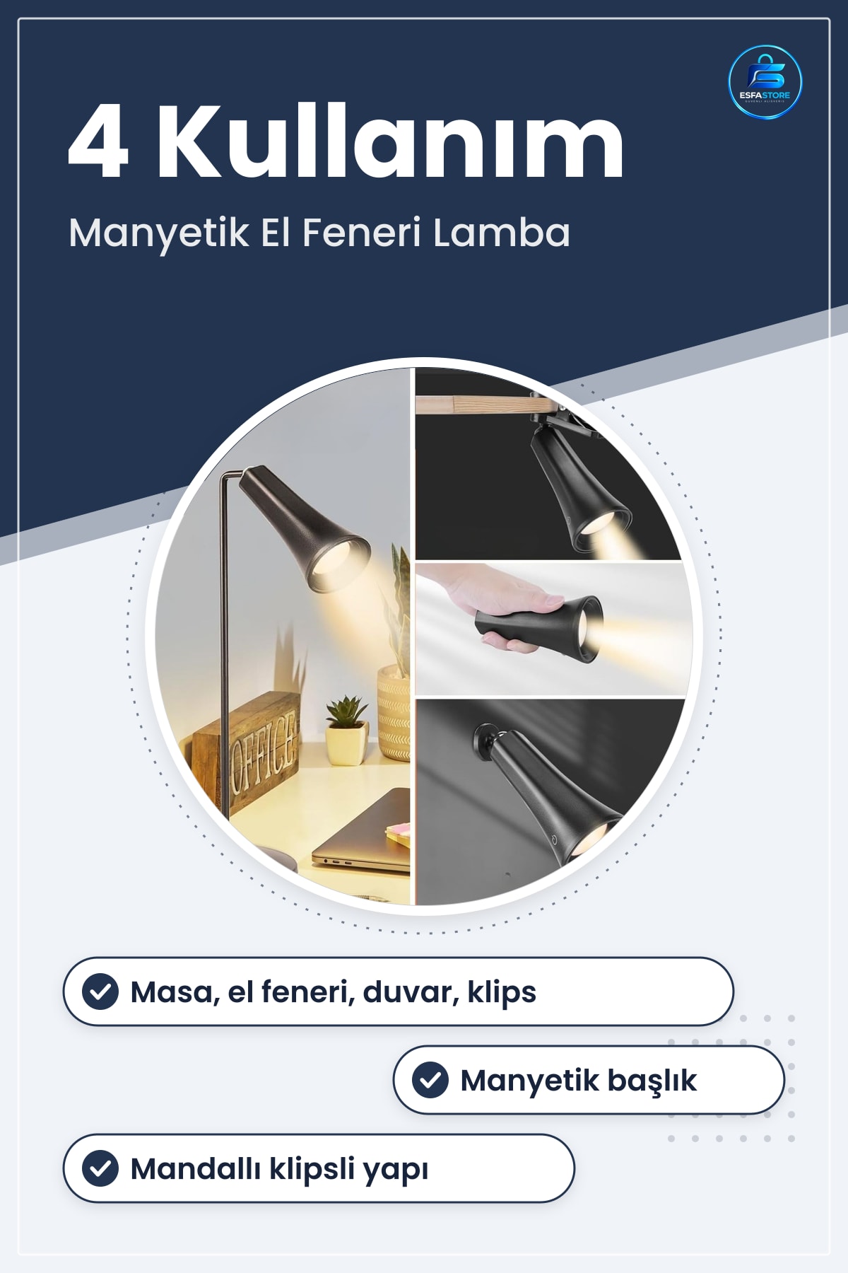 Manyetik Başlıklı Portatif LED Masa Lambası El Feneri Duvar Aydınlatma Mandallı Klipsli Işık