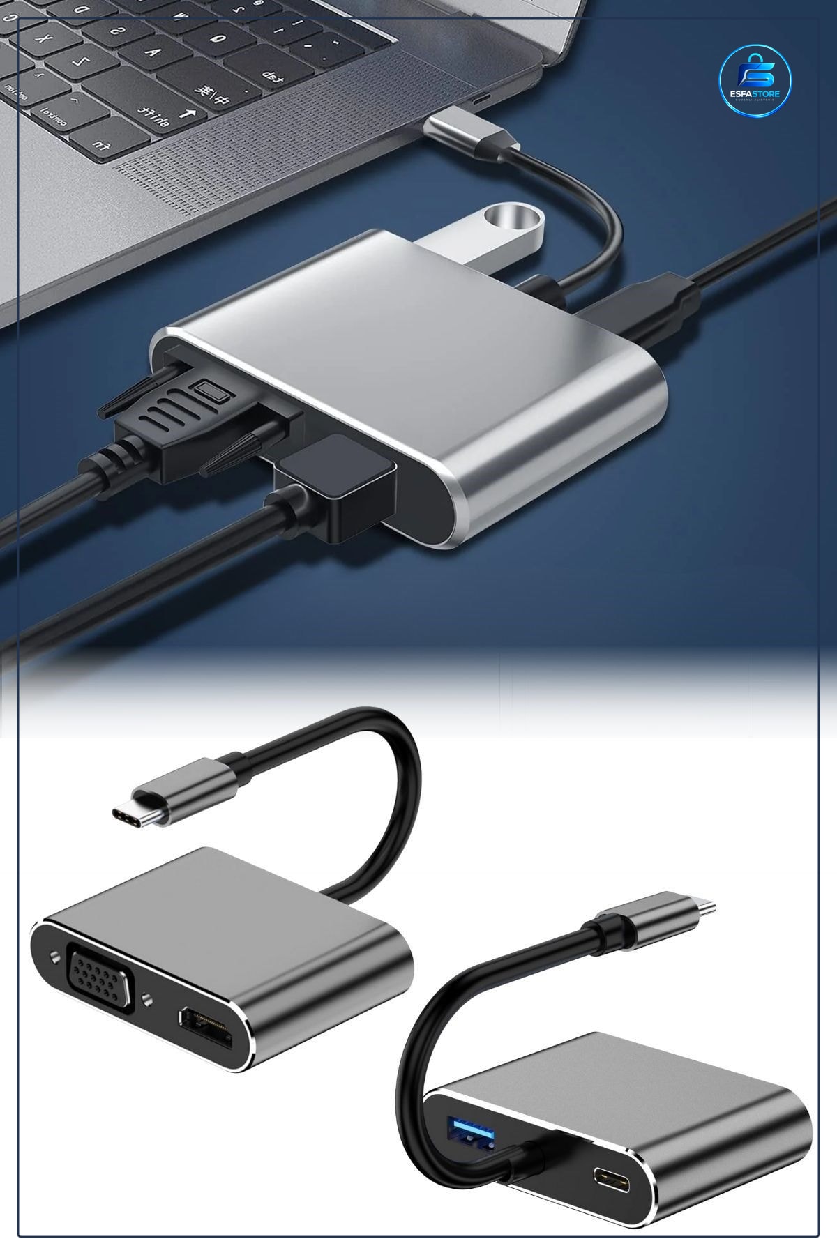 Type C Çoklu Bağlantı Hub Adaptör HDMI VGA USB PD Hızlı Şarj Dönüştürücü Kompakt Taşınabilir